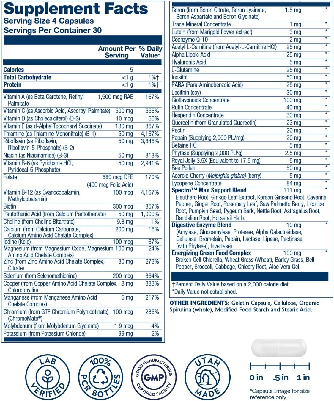 SOLARAY Spectro Multivitamin for Men, Men'S Multivitamin for Energy and Overall Wellness with Saw Palmetto, Pumpkin Seed, Digestive Enzymes, and More, 60-Day Guarantee, 30 Servings, 120 Capsules