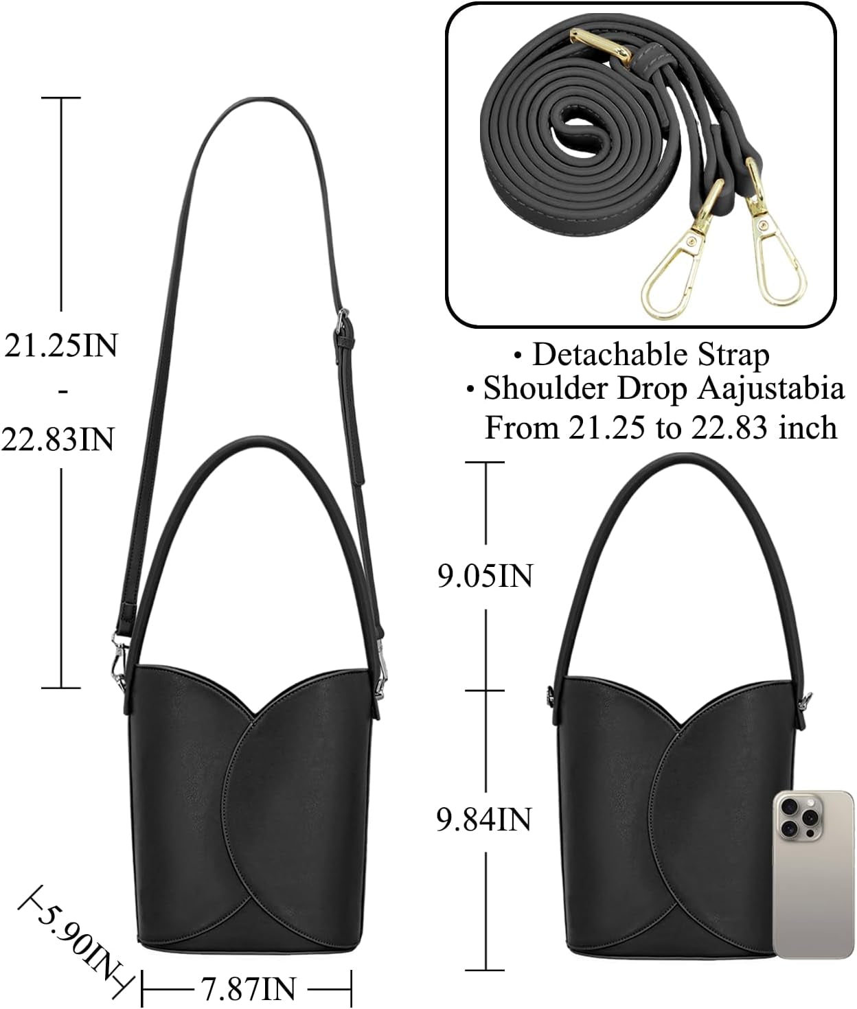 Bucket Bag for Women Vegan Leather Handbags with Removable Strap Small Shoulder Purse Crossbody Totes Bags