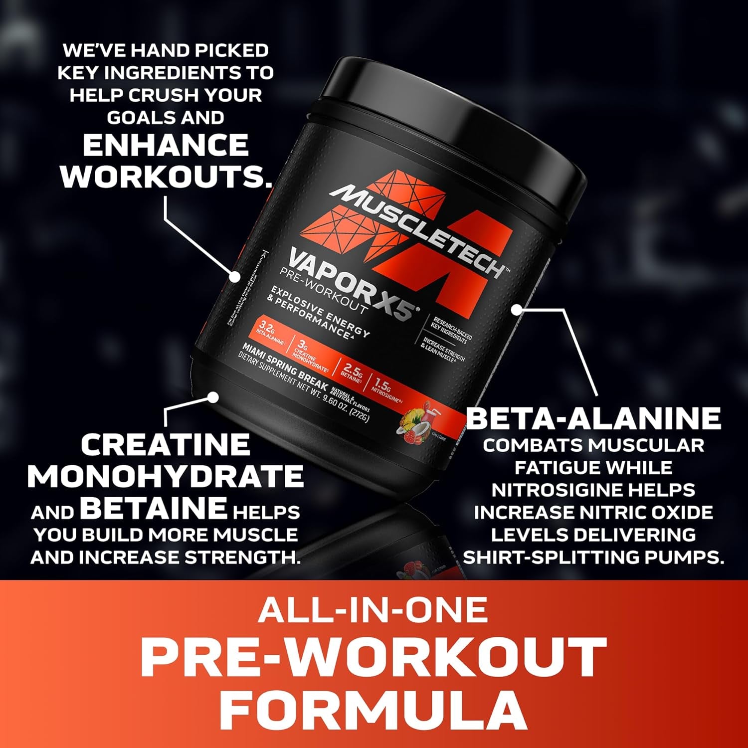 Muscletech Pre-Workout Powder, Vapor X5 - Sports Nutrition Muscle Building Supplements for Women & Men - Intense Muscle Pump Energy Powder Drink Mix - Miami Spring Break, 272G (30 Servings)