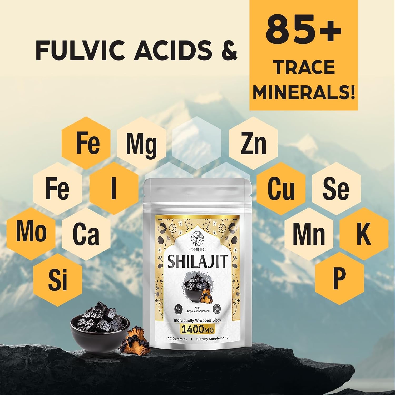1400 MG Shilajit Gummies, Shilajit Pure Himalayan Organic Gummies with Ashwagandha, Himalayan Shilajit for Men, 85+ Trace Minerals & Fulvic Acid, Individually Wrapped, Sugar-Free, 60 Counts