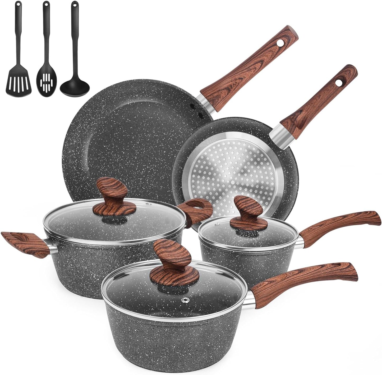 Granite Pots and Pans Set Ultra Nonstick, 11 Piece Die-Cast Cookware Sets with Frying Pan, Sauce Pan, Stockpot, Stay Cool Handle & Kitchen Utensils, Gas/Induction Compatible, 100% PFOA Free