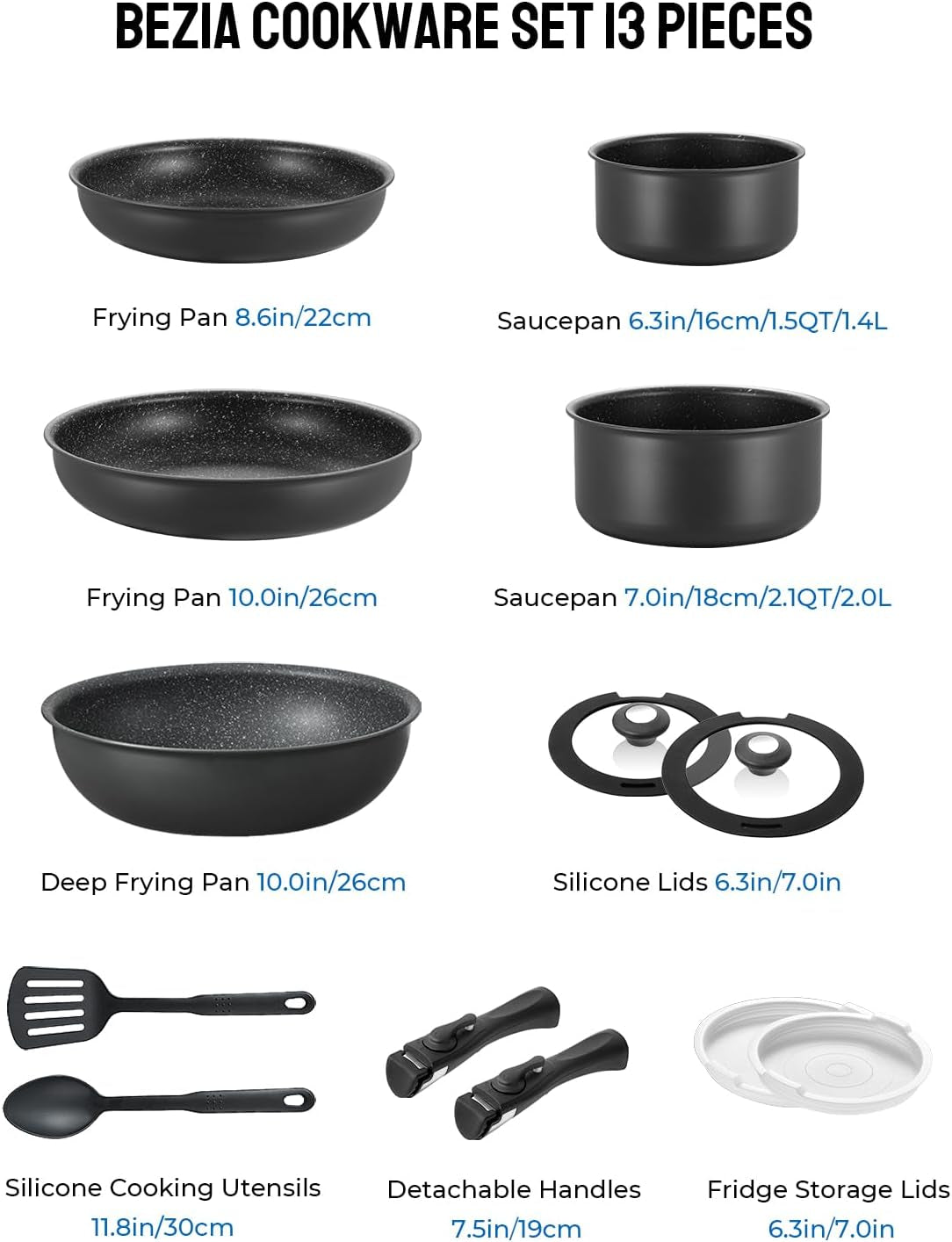 BEZIA Induction Cookware Set 13 Pieces, Nonstick Pots and Pans Set with Removable Handles, for All Hobs, Stackable Design, Dishwasher/Oven Safe, PFAS Free