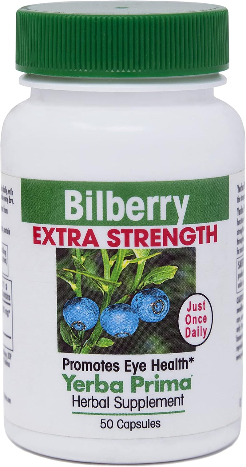 Yerba Prima Bilberry Extra Strength, 50 Caps - Maximum Absorption, Convenient One Pill a Day, USA Made, Promotes Eye Health, over 30 Years of Research, a Brand You Can Trust