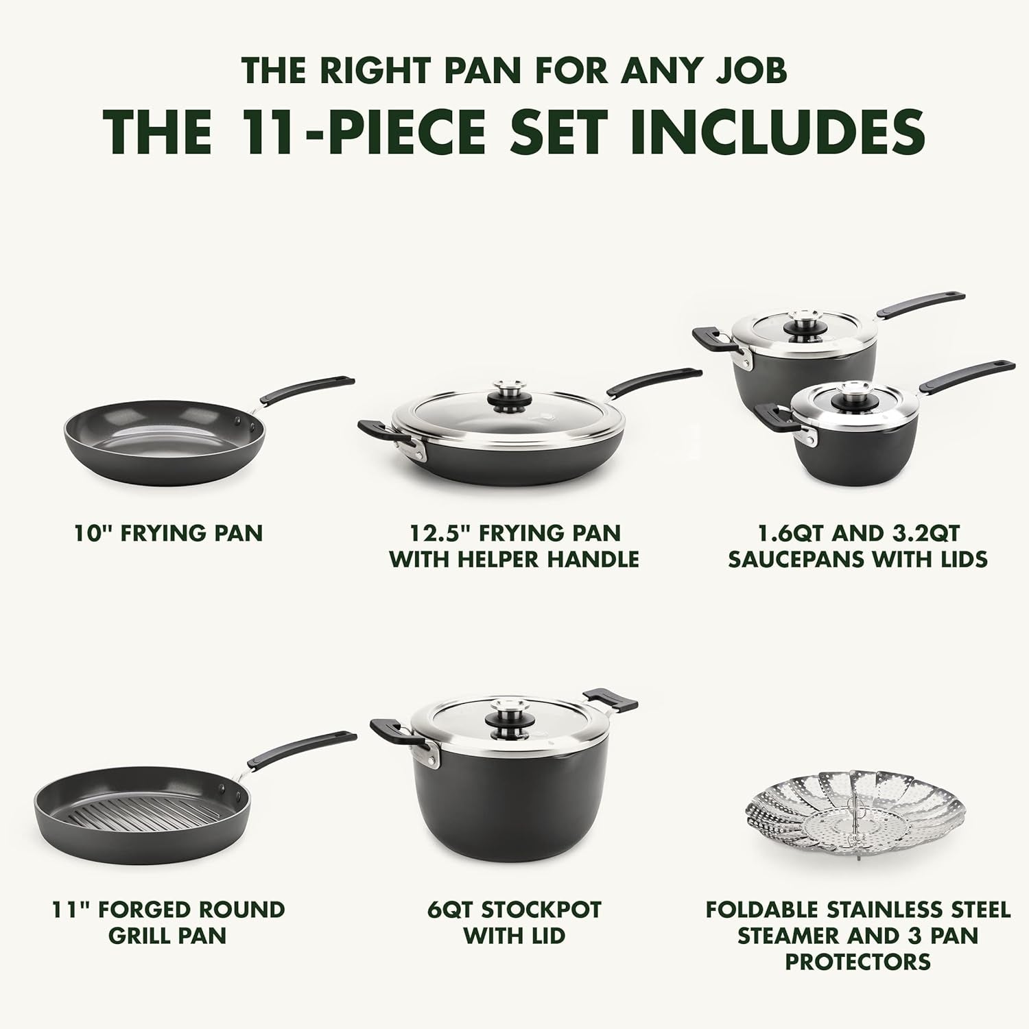 Greenpan Levels Stackable Hard Anodized Healthy Ceramic Nonstick 11 Piece Cookware Pots and Pans Set, Pfas-Free, Dishwasher Safe, Black