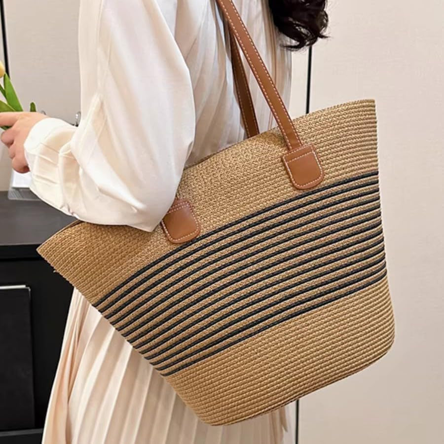 Straw Beach Bag for Women Summer Shoulder Bucket Handbag Straw Tote Bag Woven Shoulder Purses