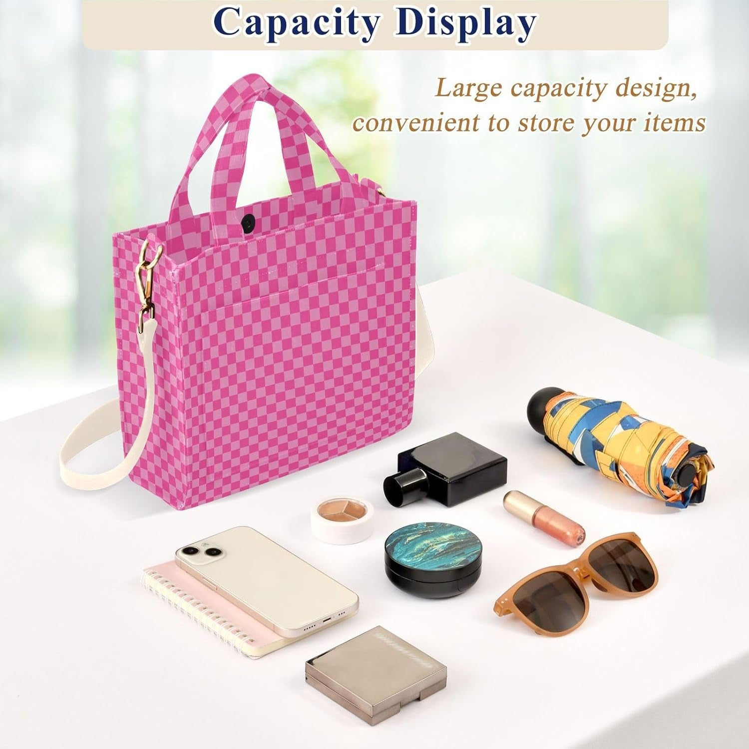 Pink Checkered Tote Bag for Women Large Corduroy Canvas Tote Bag Teacher Crossbody Bag for Office Travel College