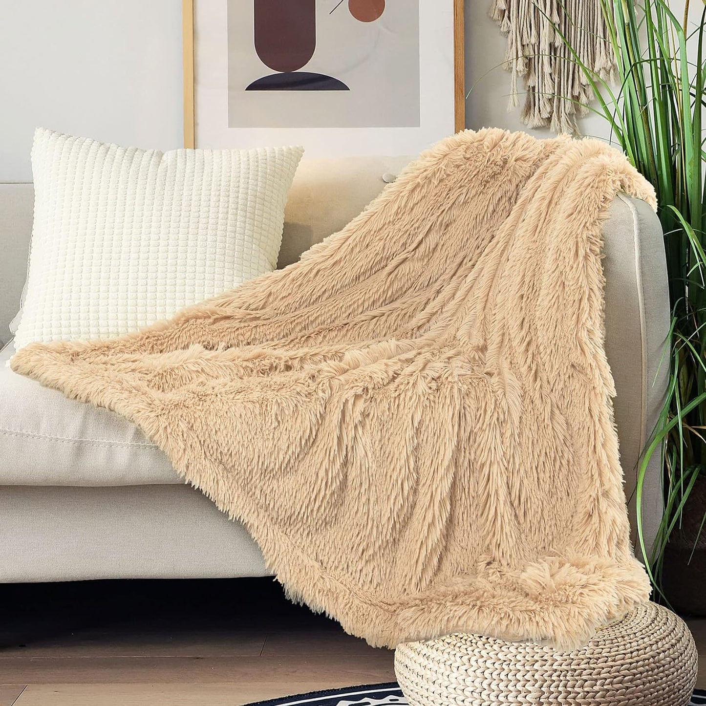 Tuddrom Decorative Extra Soft Faux Fur Throw Blanket 50"X60",Solid Reversible Fuzzy Lightweight Long Hair Shaggy Blanket,Fluffy Cozy Plush Fleece Comfy Microfiber Blanket for Couch Sofa Bed,Khaki