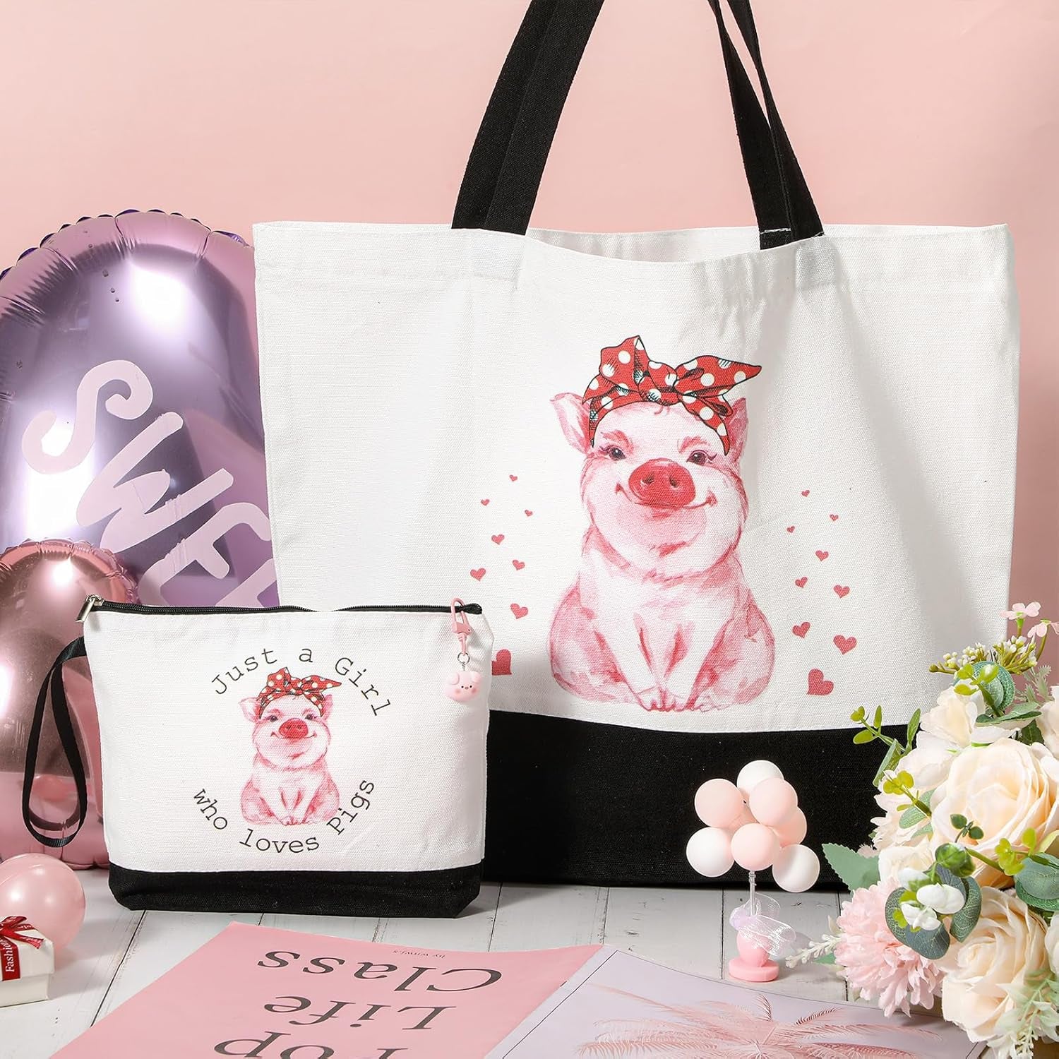 3 Pcs Pigs Lover Gift for Women Pink Pig Canvas Tote Bag Travel Cosmetic Bags Keychain Portable Makeup Zipper Pouch with Handle Funny Piggy Shopping Birthday Vbs Housekeepers Week Gift