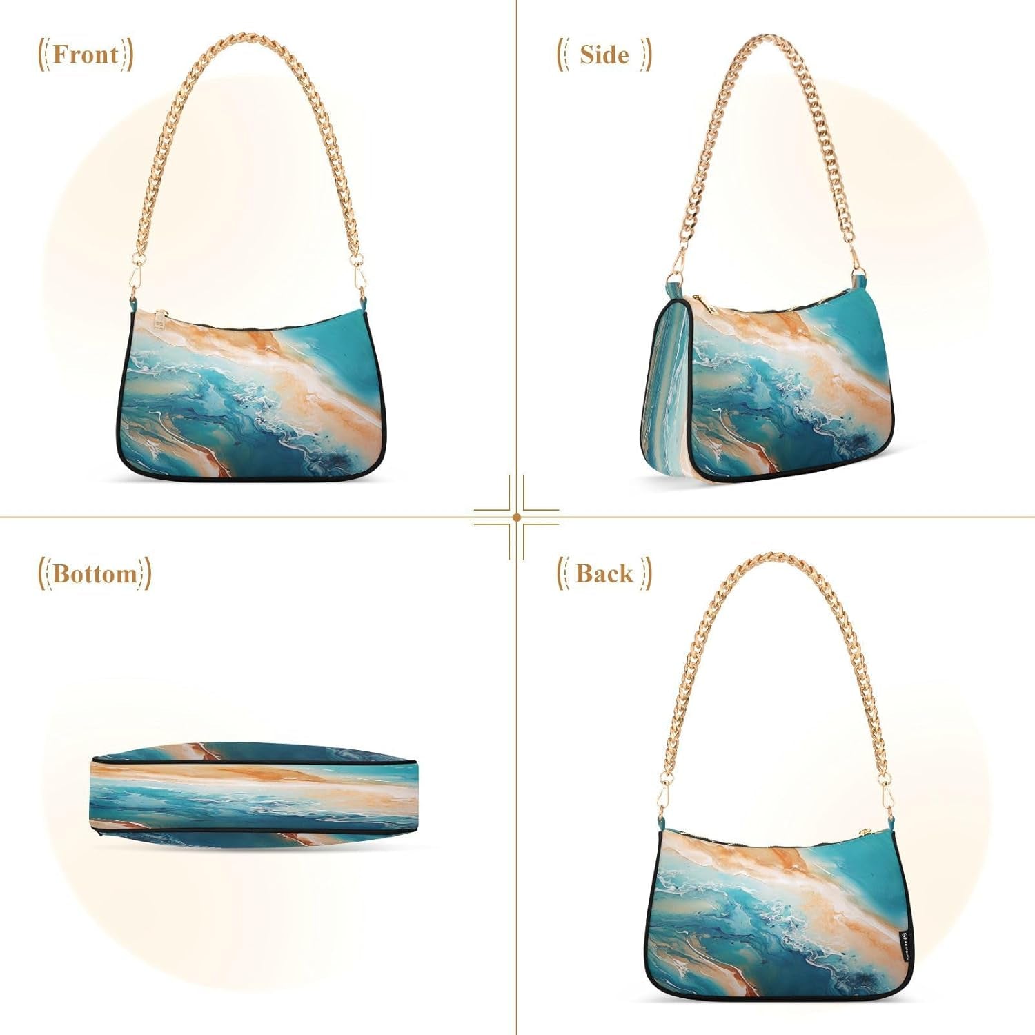 Shoulder Bags for Women Teal Green Turquoise Orange Marble Hobo Tote Handbag Small Clutch Purse with Zipper Closure