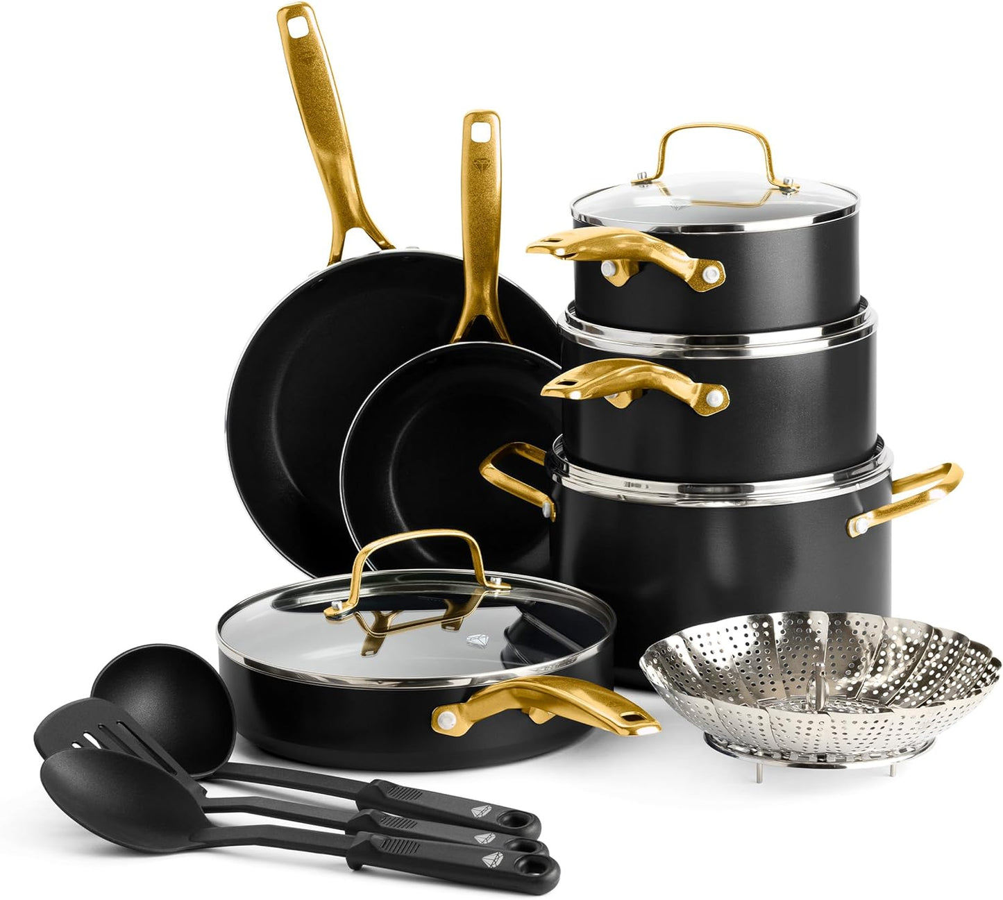 Blue Diamond Gold 14 Piece Cookware Pots and Pans Set, Induction Suitable, Diamond Infused Pfoa/Pfas-Free Ceramic Nonstick, Durable Metal Utensil Safe, Dishwasher Safe, Gold Handle, Black