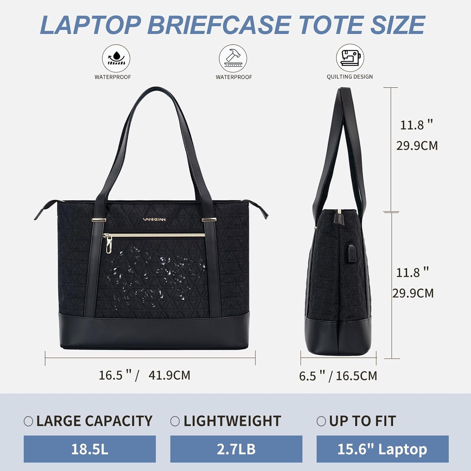 VANKEAN Laptop Bag for Women, 15.6 Inch Work Bag Waterproof Computer Shoulder Bag with USB Port, Large Tote Bag for Work Business Travel, Quilted Black