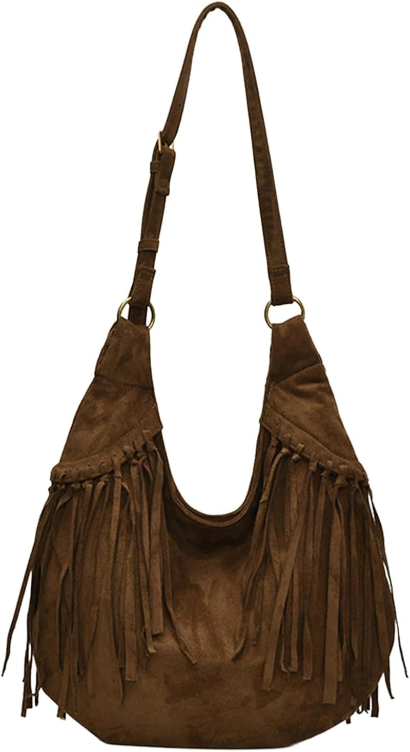 Spacious Suede Fringe Shoulder Bag for Women Vintage Slouchy Hobo Tote Purse Western Fringe Handbag