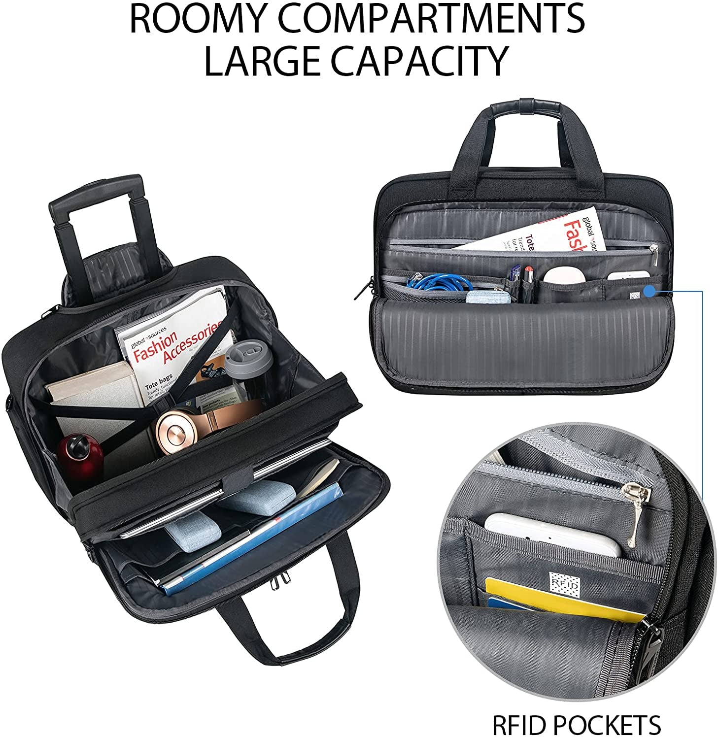 VANKEAN 17.3 Inch Rolling Laptop Bag, Waterproof Overnight Rolling Bags, Laptop Bags for Travel/Work/Business, Stylish Carry on Briefcase, Black