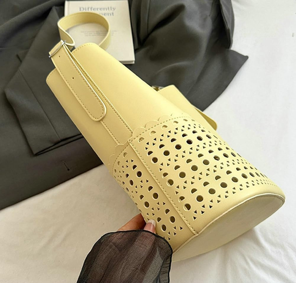 2 Pcs Hollowed Bucket Bags Women Trendy PU Leather Hobo Underarm Shoulder Bag Crossbody Purse Beach Travel Tote Handbag 2025