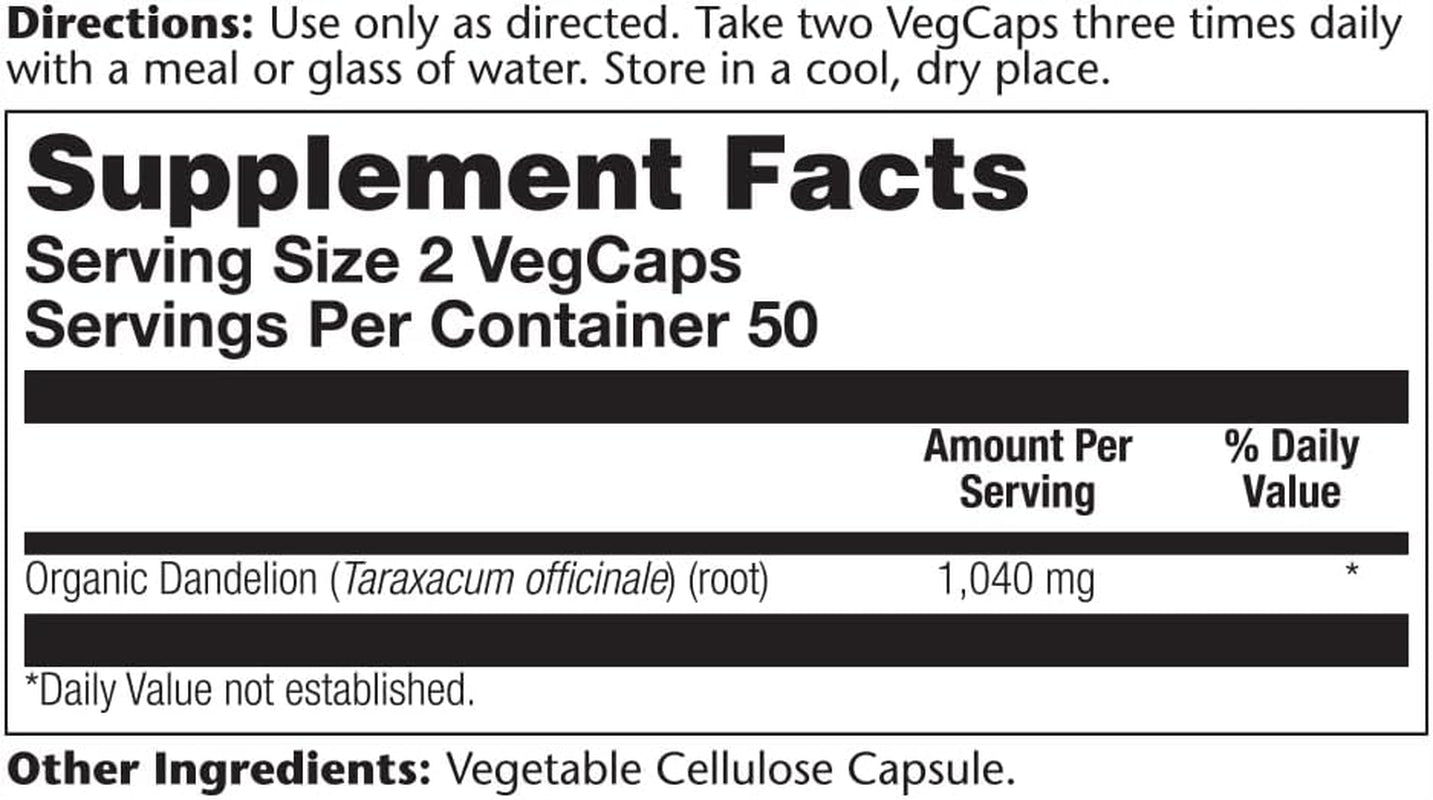 Solaray Organic Dandelion Root Supplement, 520 Mg, 100 Count