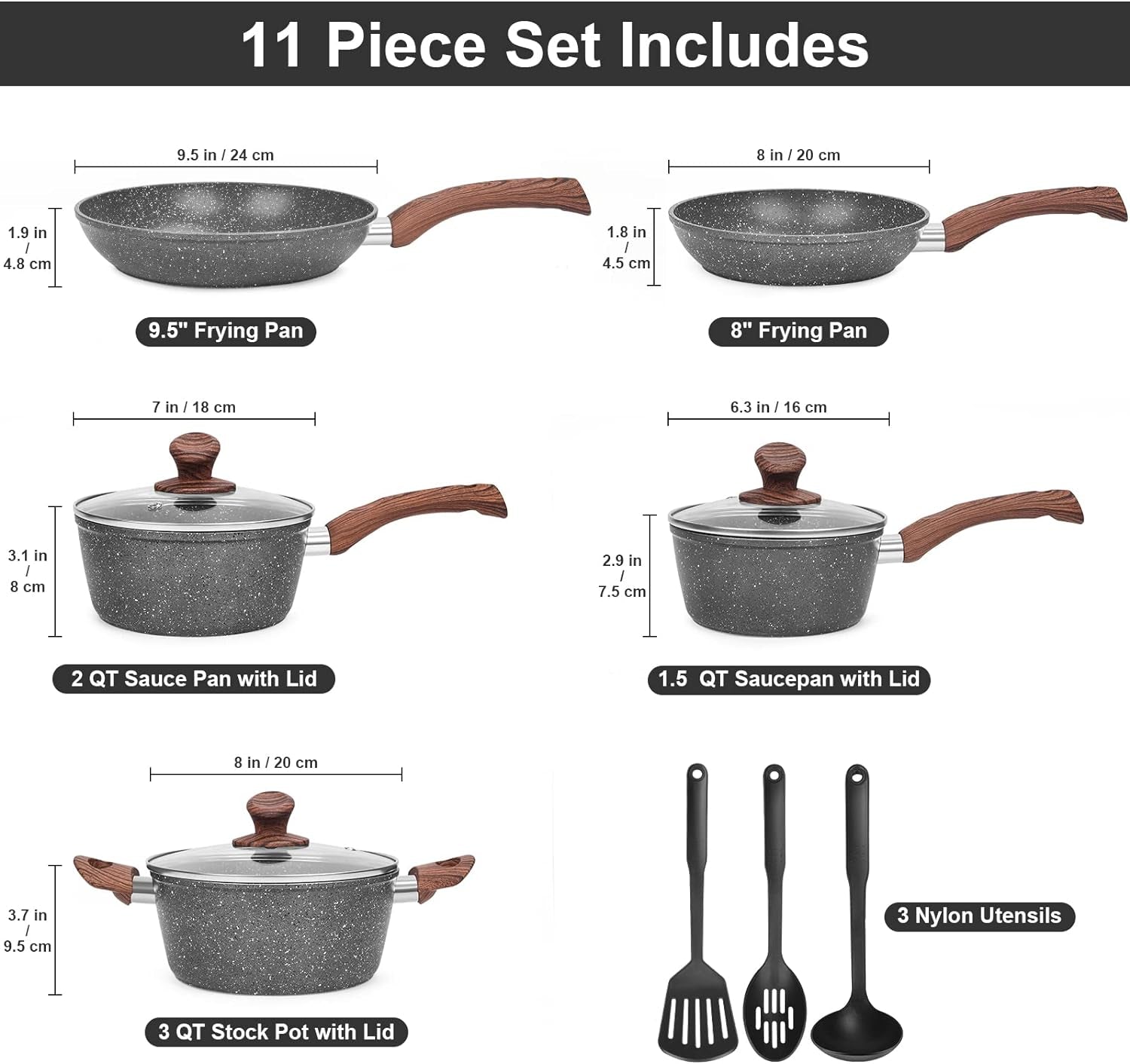 Granite Pots and Pans Set Ultra Nonstick, 11 Piece Die-Cast Cookware Sets with Frying Pan, Sauce Pan, Stockpot, Stay Cool Handle & Kitchen Utensils, Gas/Induction Compatible, 100% PFOA Free