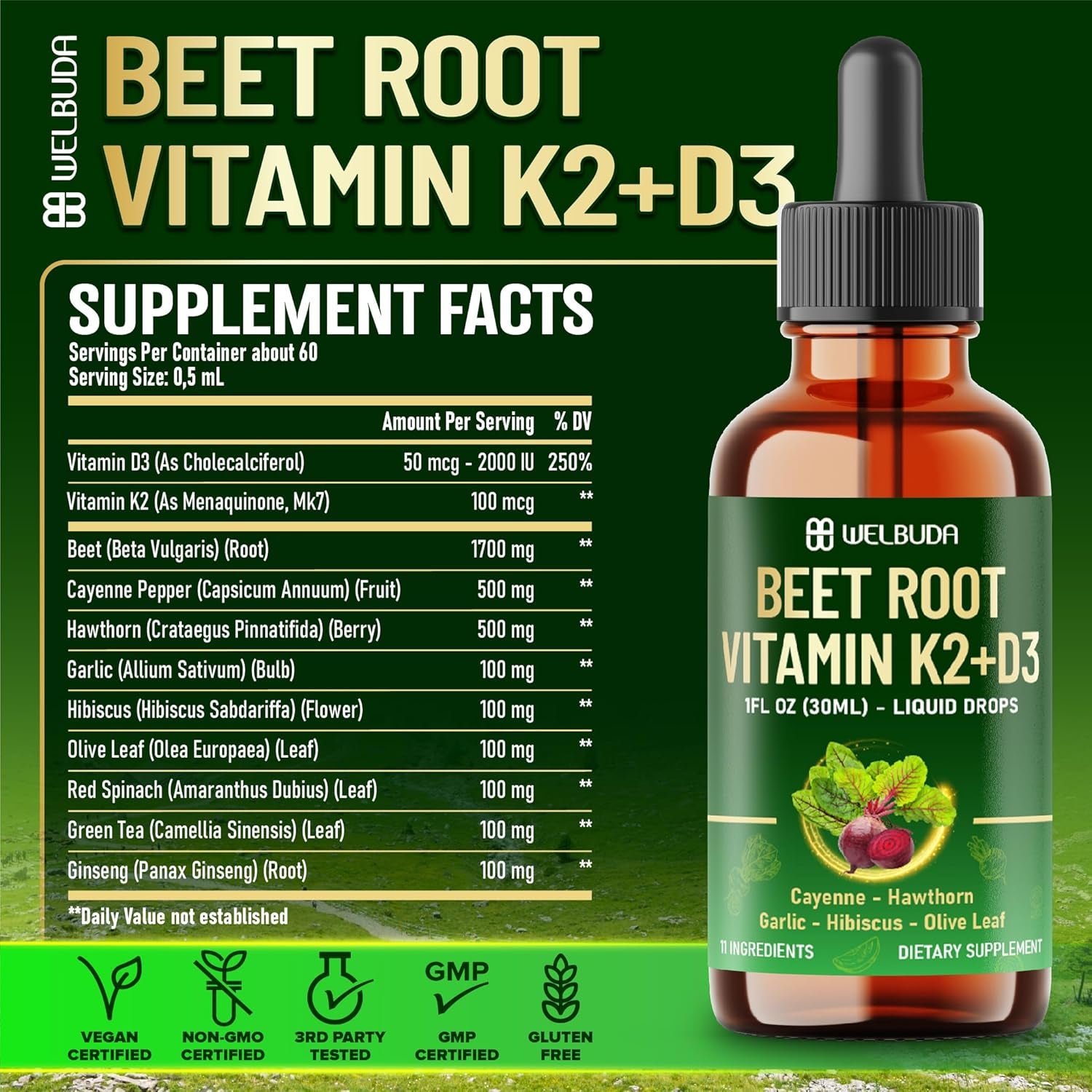 11In1 Beet Root Liquid Supplement - for Support Immune, Energy - with Vitamin D3, Vitamin K2, Hawthorn Berry, Cayenne Pepper, Garlic, Hibiscus, Olive, Red Spinach, Green Tea - 1 FL Oz - 30 Servings
