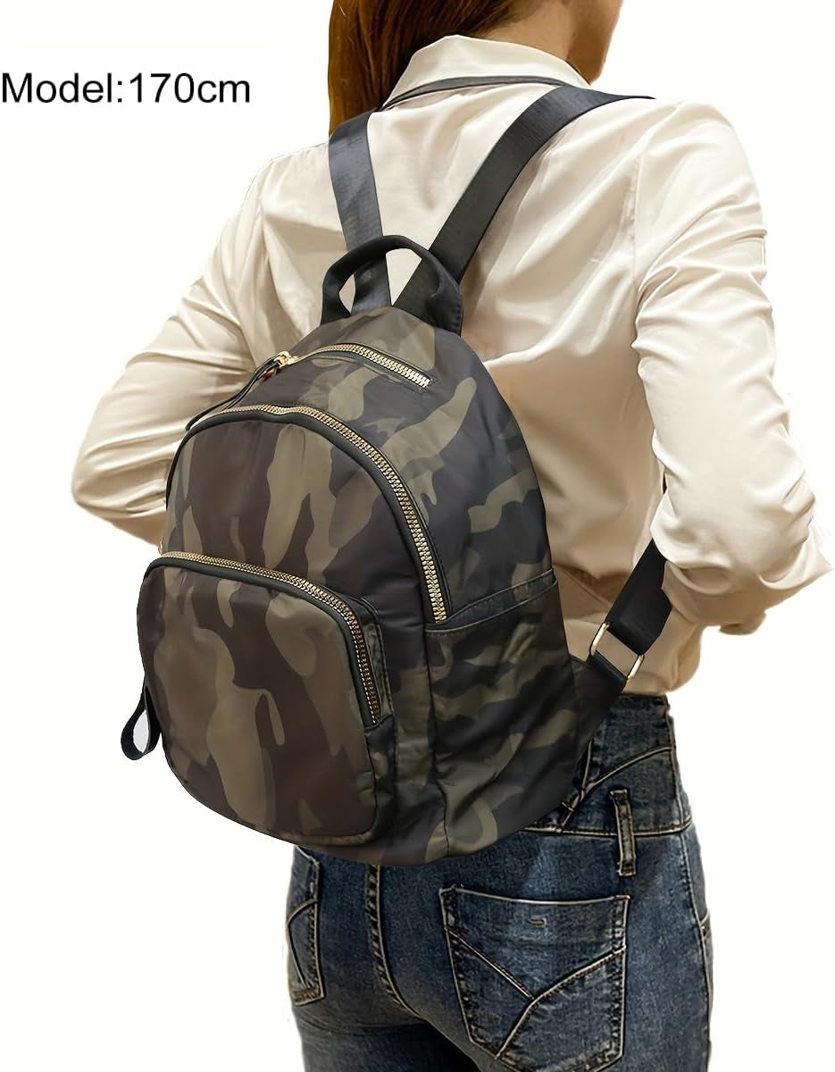 Women Nylon Medium Backpack Anti-Theft Fashion Casual Lightweight Travel Shoulder Bag Tote Bag (Camo)