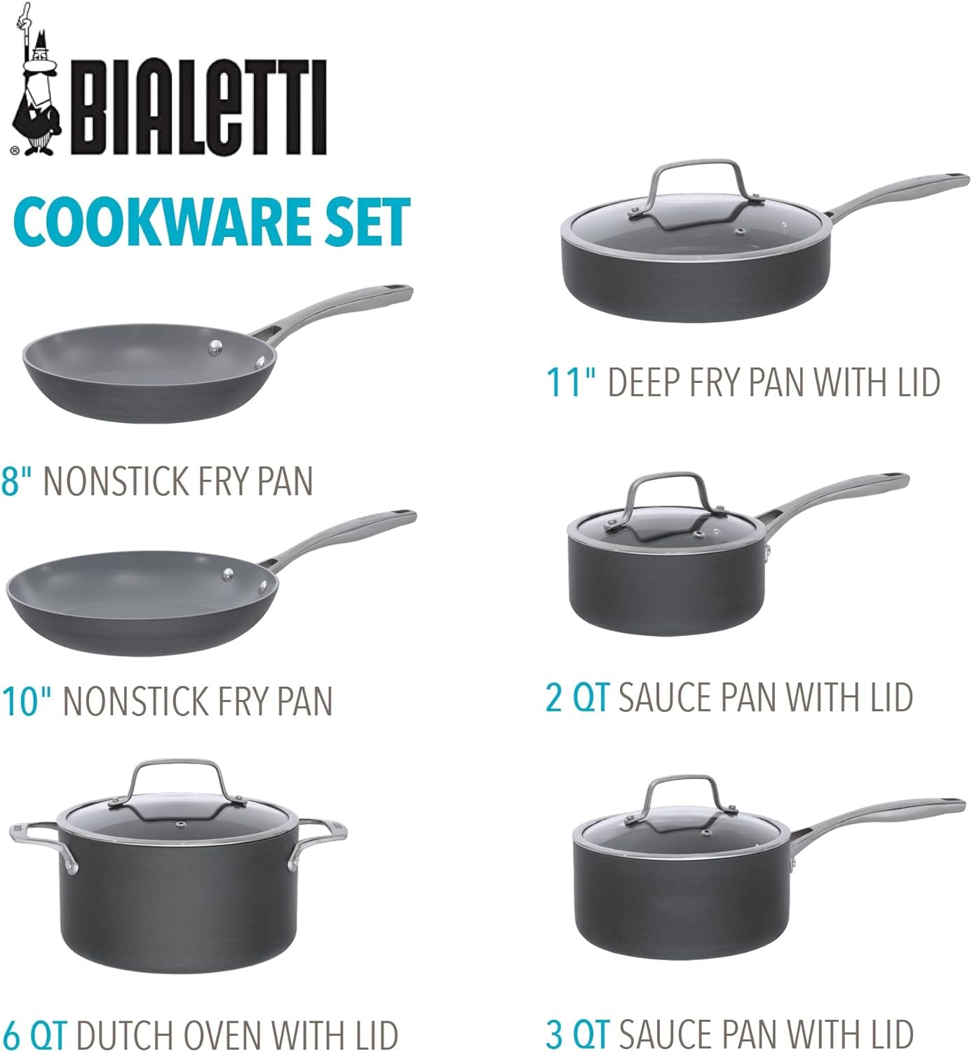 Bialetti Ceramic Pro Hard Anodized Nonstick 10-Piece Oven-Safe Cookware Set, Gray - 10-Piece Set, Hard Anodized Aluminum, Pfoa-Free Nonstick, Stainless Steel Handles, Versatile and Oven-Safe