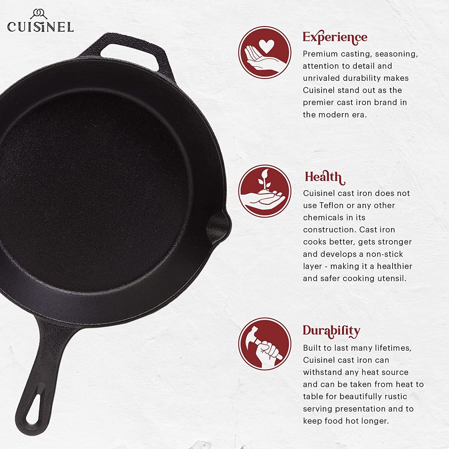 Cuisinel Cast Iron Skillet + Chainmail Scrubber - 15"-Inch Pre-Seasoned Dual Handle Braiser Frying Pan + Silicone Handle Covers - Oven, Grill, Stovetop, Fire, Kitchen Cookware - Indoor/Outdoor Use