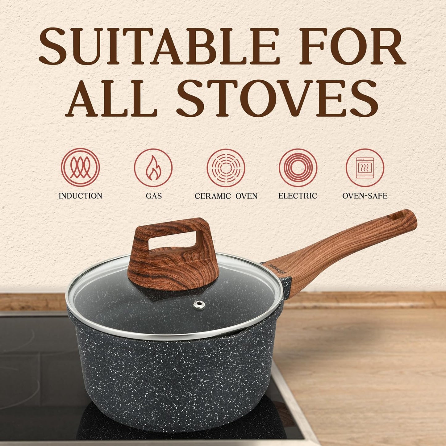 Bakken-Swiss 20-Piece Kitchen Cookware Set – Granite Non-Stick – Eco-Friendly – for All Stoves & Oven-Safe - Marble Coating