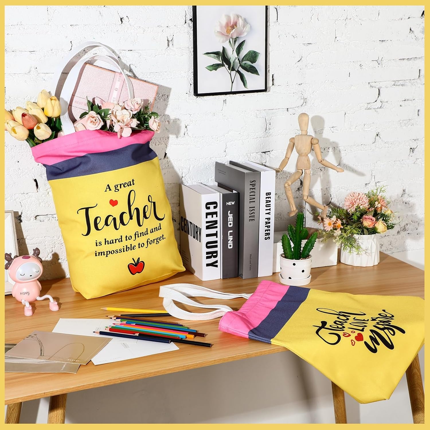 6 Pcs Employee Appreciation Gifts Teacher Appreciation Canvas Tote Bag Bulk Travel Cosmetic Bags Portable Makeup Zipper Pouch and Canvas Tote Bag Reusable Gift for Nurses Employee