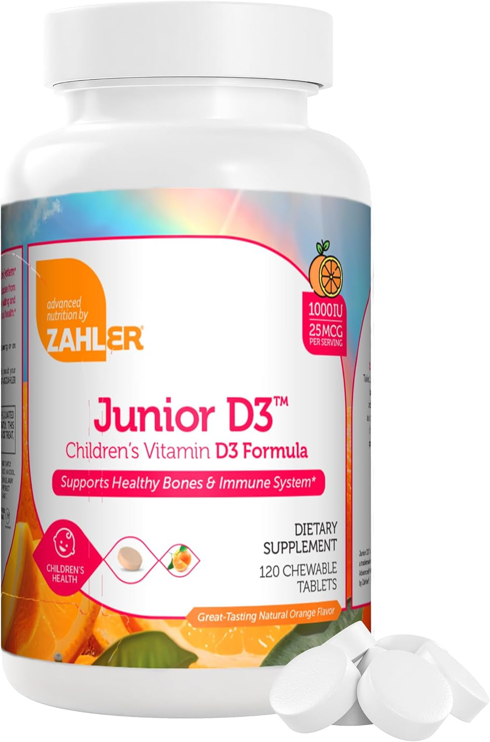 Zahler Junior D3 Vitamins 1000 IU - for Kids - Vitamin D for Kids to Support Bone, Teeth & Immune Health - Kosher Orange Flavor - 120 Count.