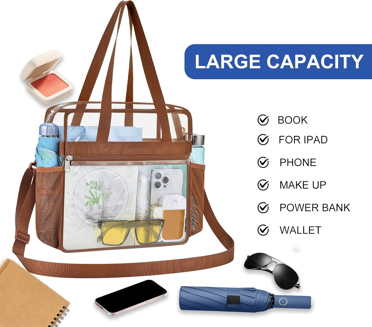 USPECLARE Clear Bag for Stadium Events,Transparent Bag for Work Sports Games Concerts Travel Gym