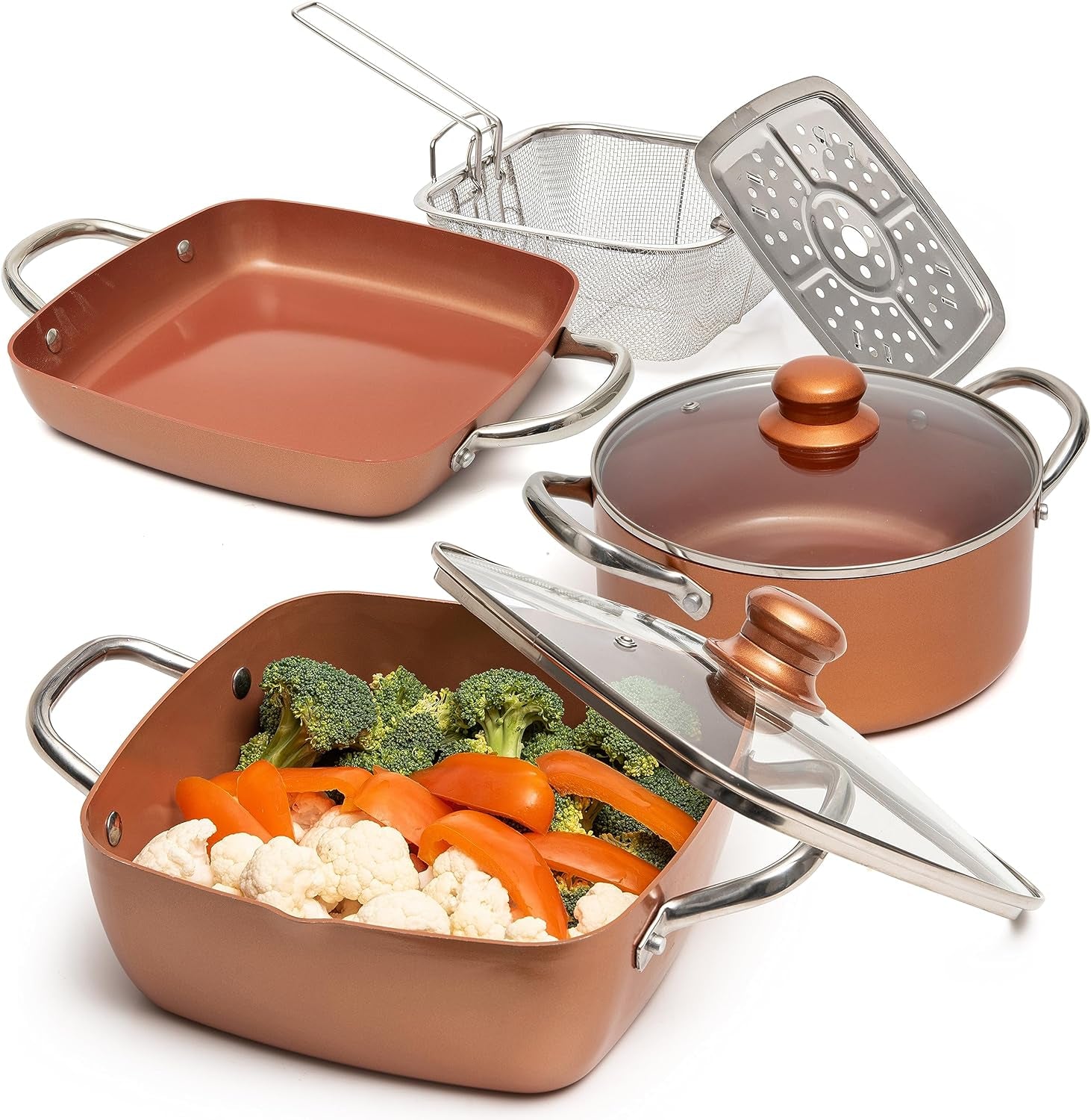 Moss & Stone 7 Pcs Copper Pots and Pans Set, Copper Chef Cookware Non Stick, Square Copper Pans for Cooking, round Copper Pot & Fry Basket, Oven Safe 5 Quart Deep Frying Pan, Induction Cookware Set