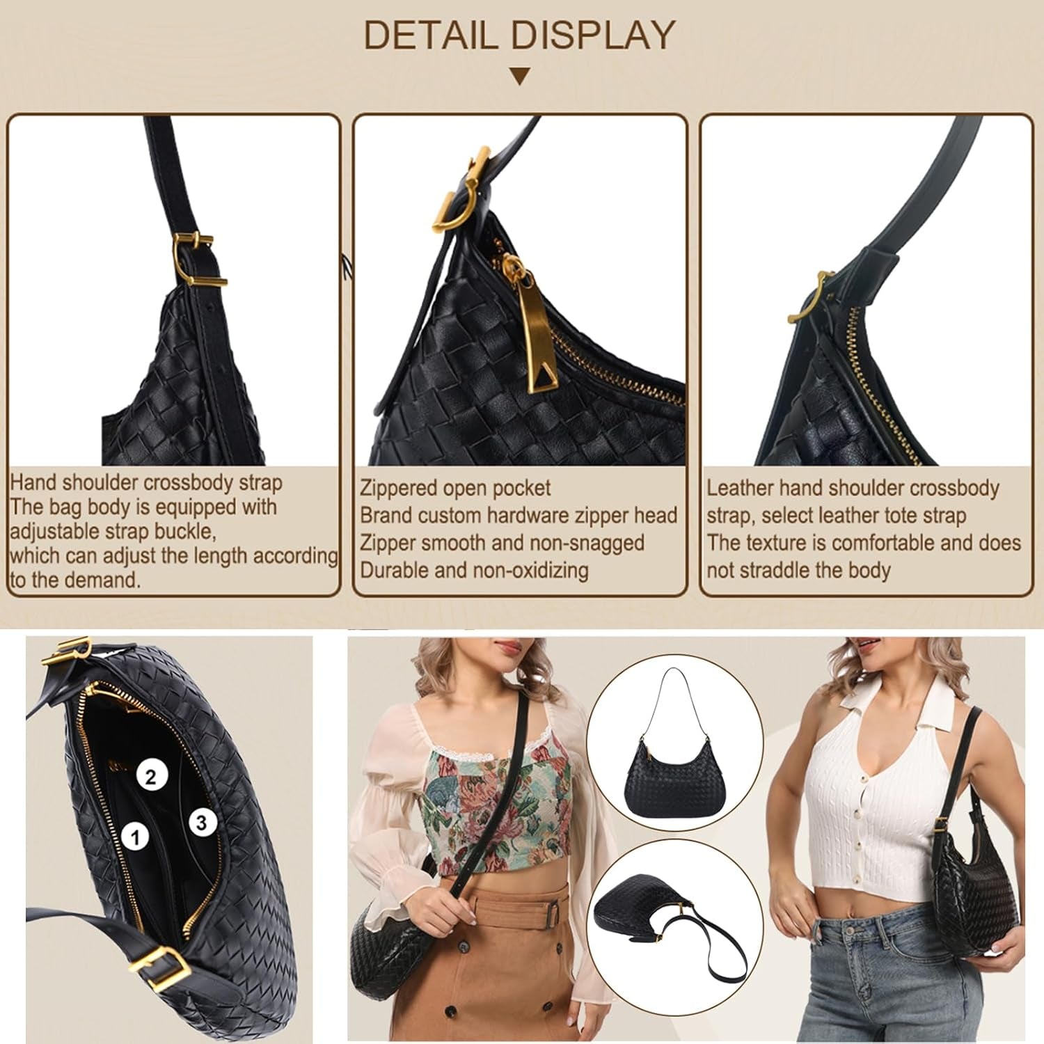 Shoulder Handbags for Women Crossbody Woven Leather Tote Shoulder Bag Purse Hobo Lightweight with Zipper Adjustable Strap
