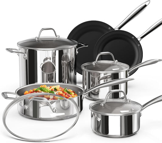 Stainless Steel Pots and Pans Set 10 Piece, Kitchen Cookware Set with Nonstick Frying Pans and Glass Lids, Induction Cookware Set, Including 2 Saucepans, Sauté Pan, 2 Frying Pans, Stock Pot