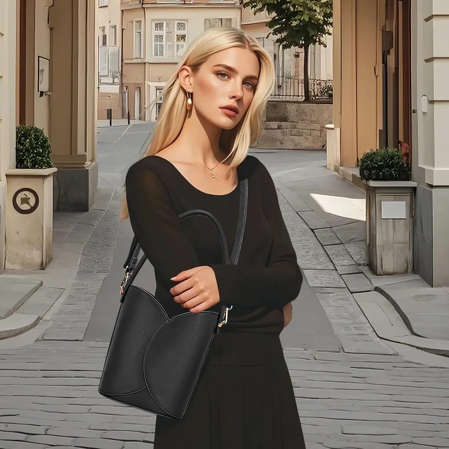 Bucket Bag for Women Vegan Leather Handbags with Removable Strap Small Shoulder Purse Crossbody Totes Bags