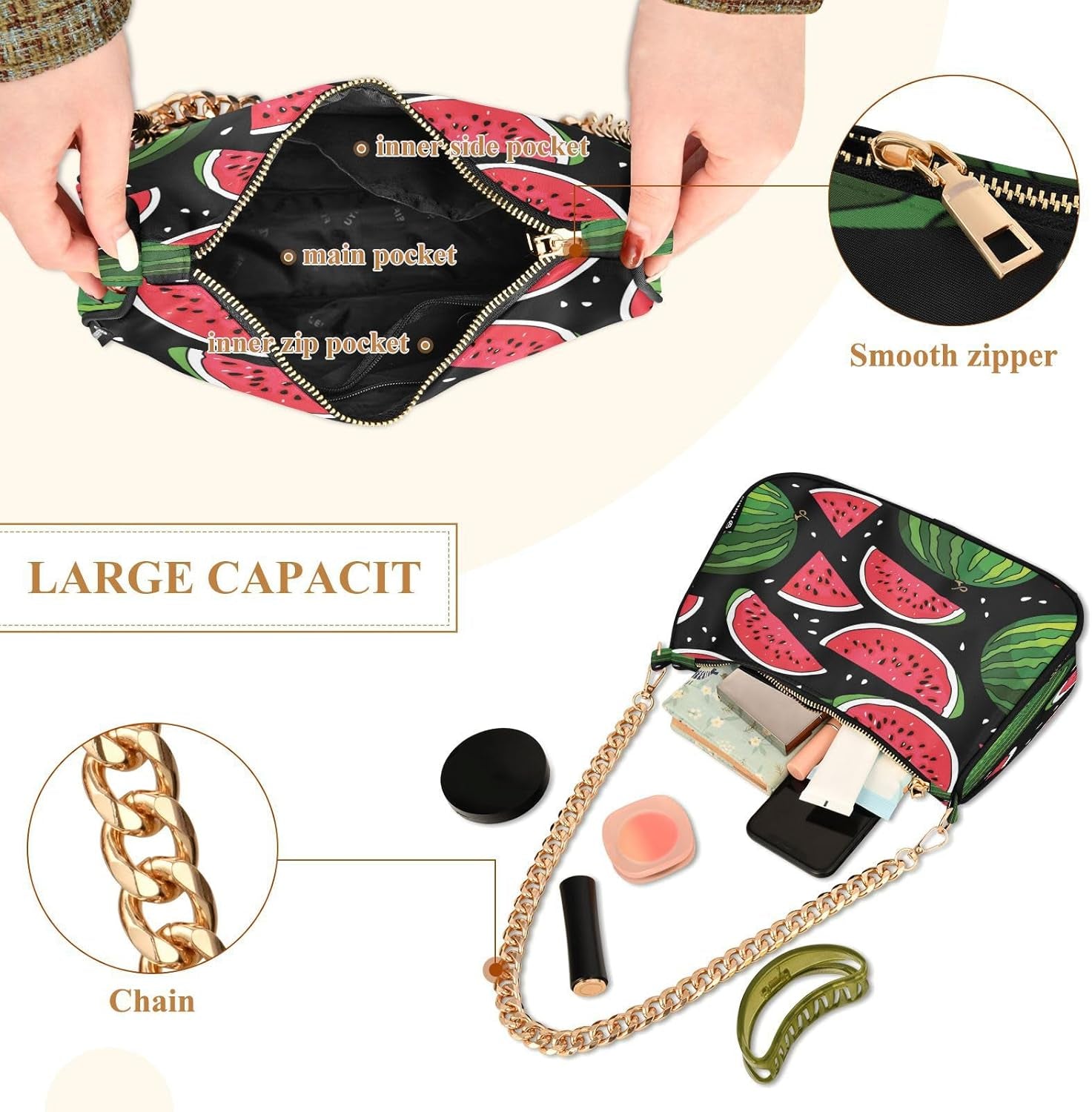 Shoulder Bags for Women Watermelon Hobo Tote Handbag Small Clutch Purse with Zipper Closure