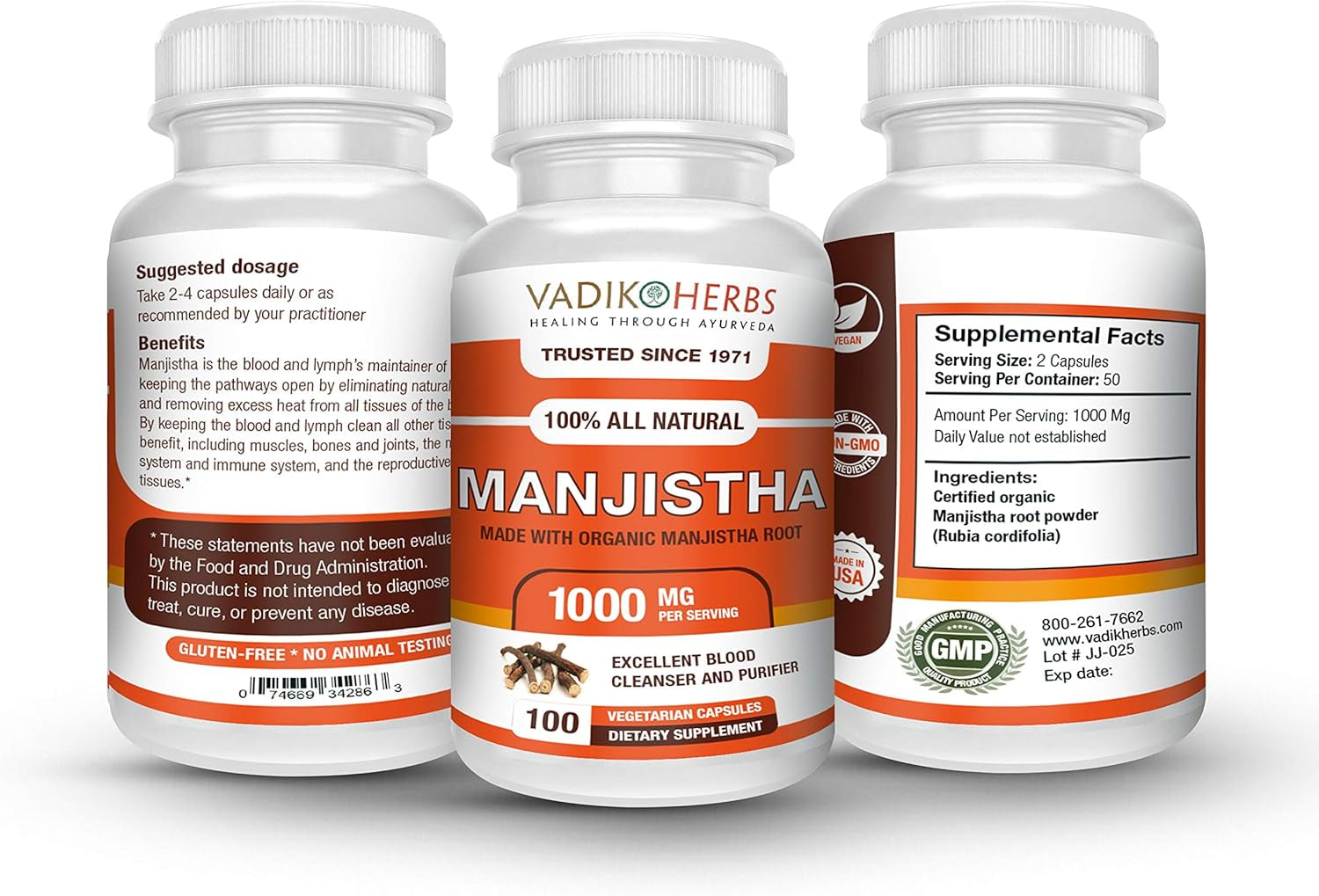 Vadik Herbs Pure Wild Harvested Manjistha (Rubia Cordifolia, Indian Madder) - 100 Vegicaps - Made in USA - Safety Tested - No GMO, Vegan