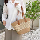 Straw Beach Bag for Women Summer Shoulder Bucket Handbag Straw Tote Bag Woven Shoulder Purses