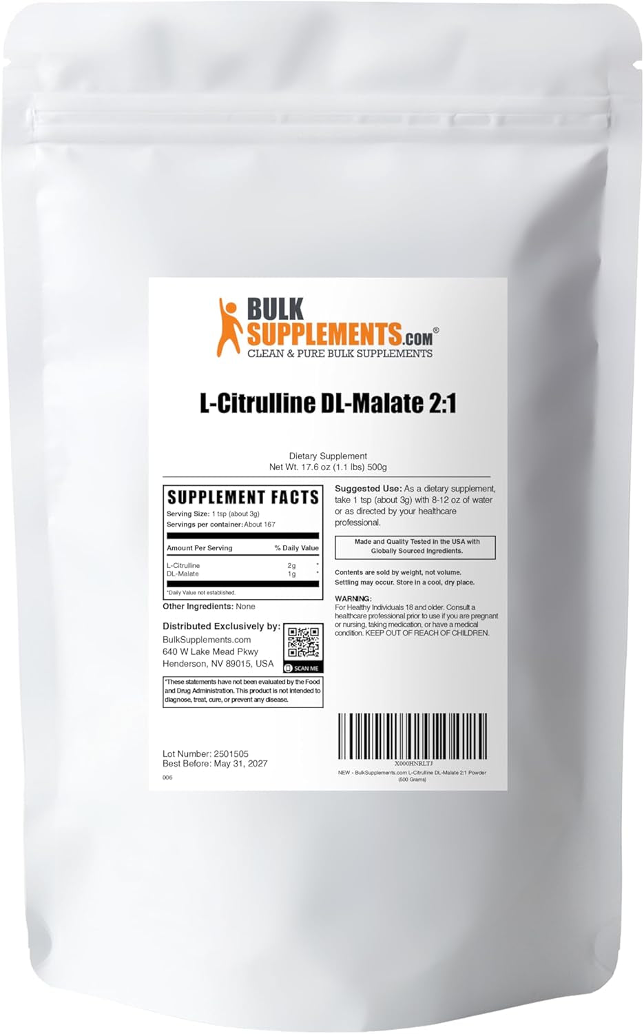Bulksupplements.Com L-Citrulline Malate 2:1 Powder - Nitric Oxide Boost, Citrulline Malate Supplement - Unflavored & Gluten Free - 3G per Servings, 500G (1.1 Lbs) (Pack of 1)