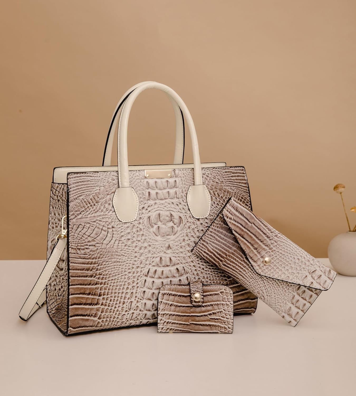 Women'S 3-Piece Crocodile Pattern Handbag Set, Large Capacity Tote with Wallet and Coin Purse, Brown