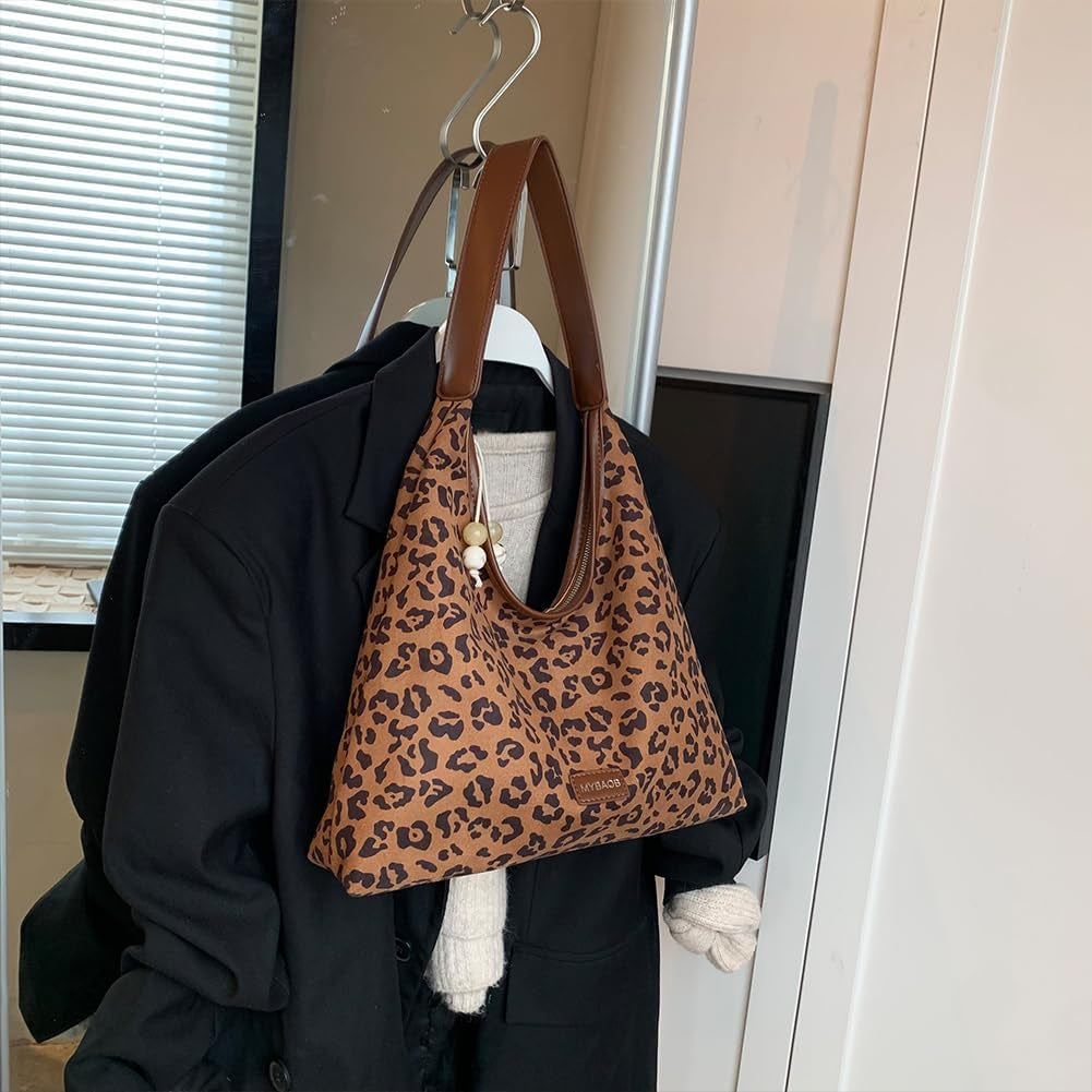 YFGBCX Suede Tote Bags for Women Suede Bag Fall Purse Retro Suede Leopard Purse Slouchy Hobo Bag College Tote Handbags