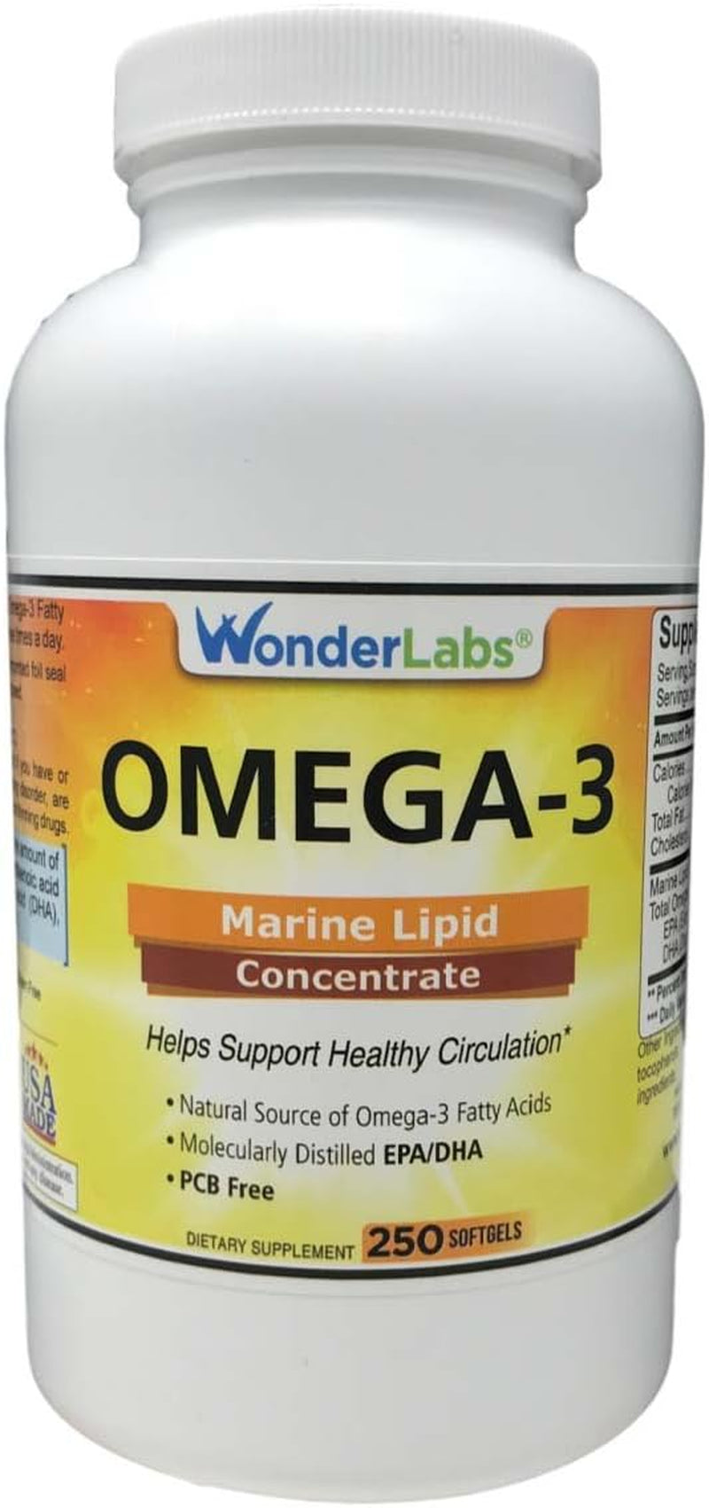 Wonder Labs Omega-3 Marine Lipid Concentrate a Natural Source of Omega-3 Fatty Acids, Supports Heart Health and Circulation - 250 Softgels