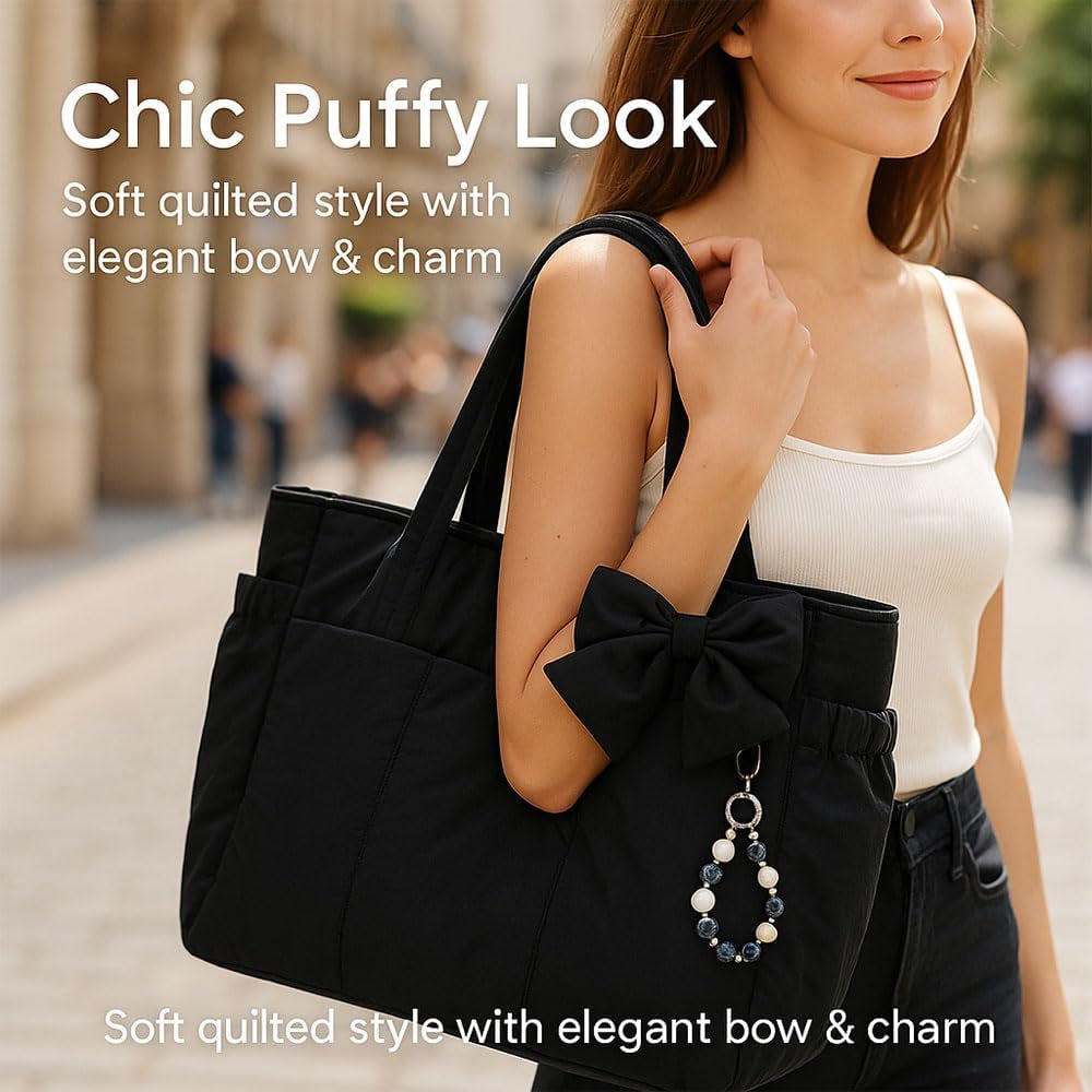 Crush Bow Tote Bag, 26L Foldable Travel Tote for Women with Compartments, Lightweight Shoulder Handbag for Work