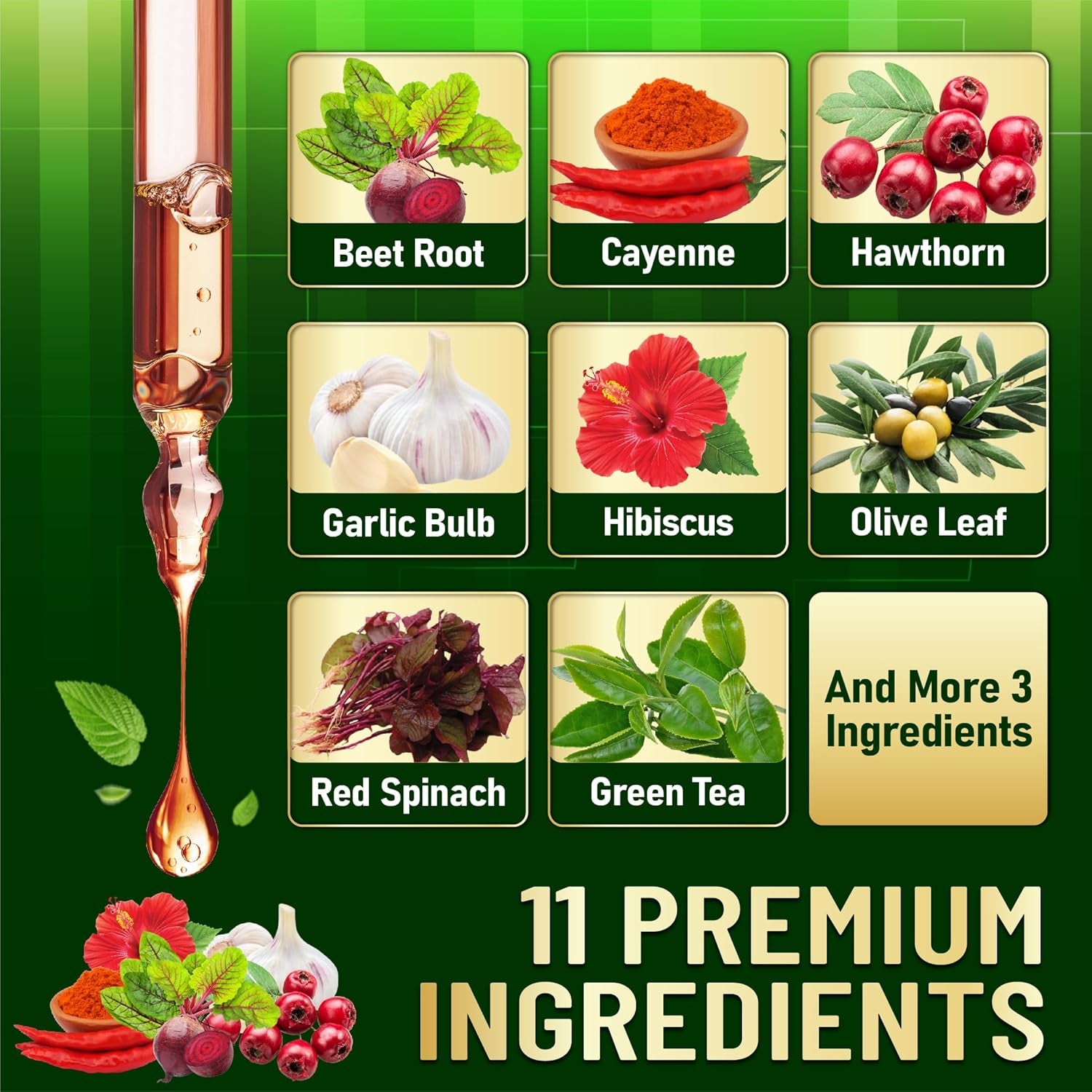11In1 Beet Root Liquid Supplement - for Support Immune, Energy - with Vitamin D3, Vitamin K2, Hawthorn Berry, Cayenne Pepper, Garlic, Hibiscus, Olive, Red Spinach, Green Tea - 1 FL Oz - 30 Servings