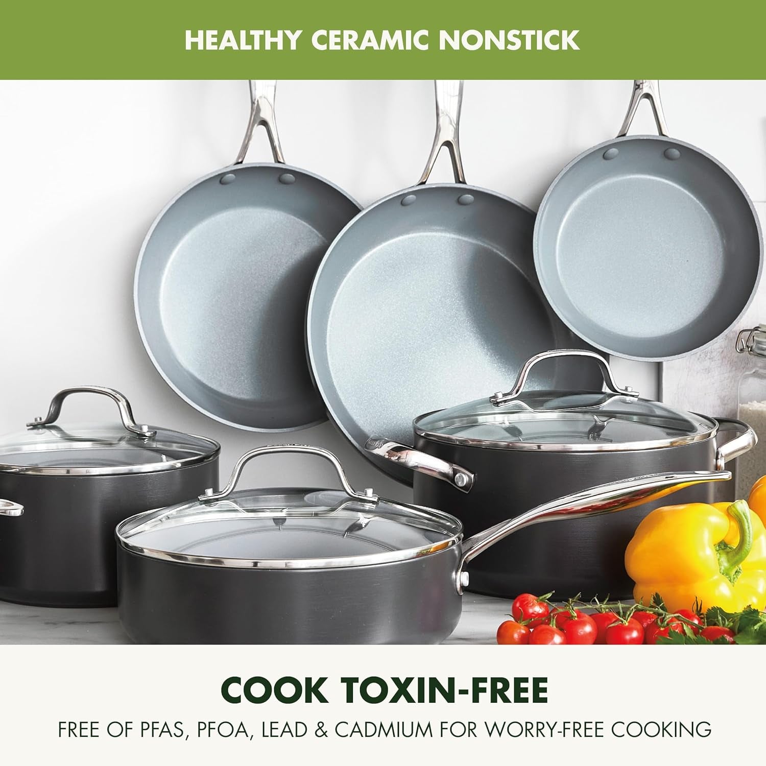 Greenpan Valencia Pro Hard Anodized Healthy Ceramic Nonstick 11 Piece Cookware Pots and Pans Set, Pfas-Free, Induction, Dishwasher Safe, Oven Safe, Gray