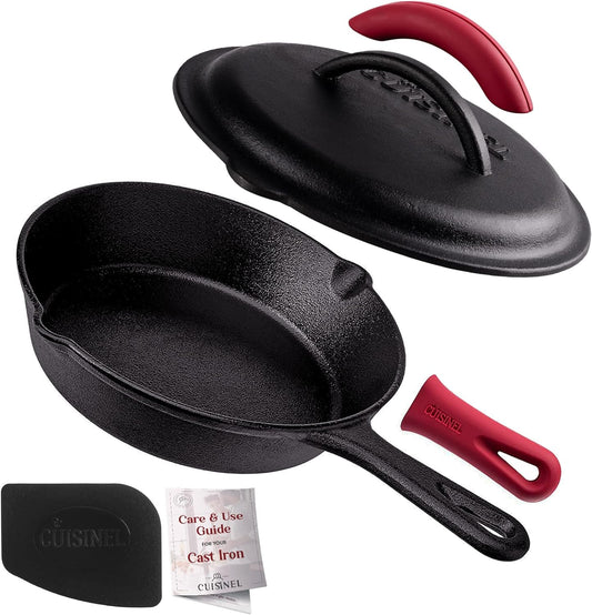 Cuisinel Cast Iron Skillet with Lid - 8"-Inch Pre-Seasoned Covered Frying Pan Set + Silicone Handle and Lid Holders + Scraper/Cleaner - Indoor/Outdoor, Oven, Camping Fire, Grill Safe Kitchen Cookware