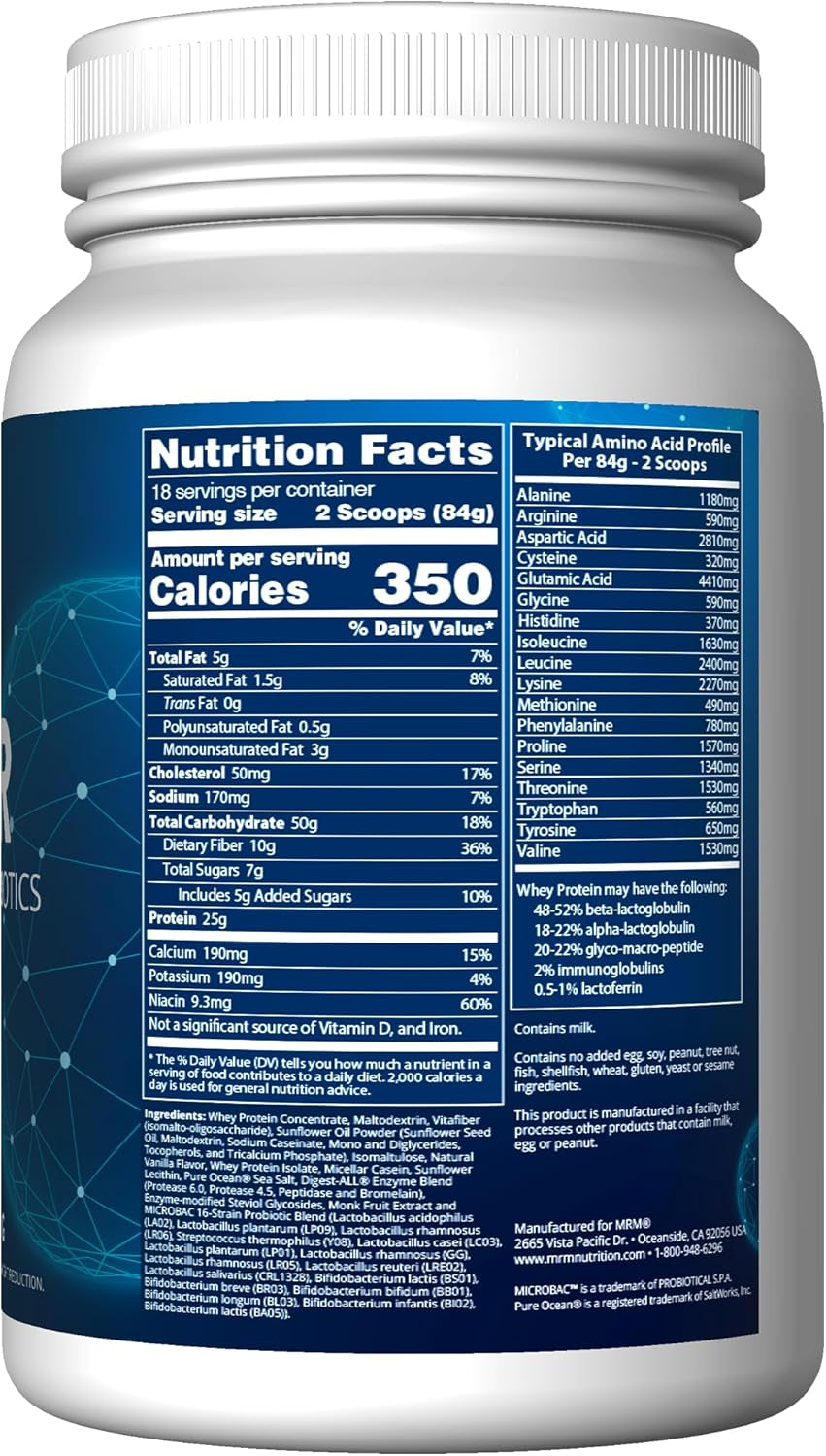 MRM Nutrition Gainer Protein with Probiotics + Postbiotics | Vanilla Flavored | 25G Protein | Whey Concentrate + Isolate + Micellar Casein| Slow + Fast Digesting| with Digestive Enzymes | 18 Servings
