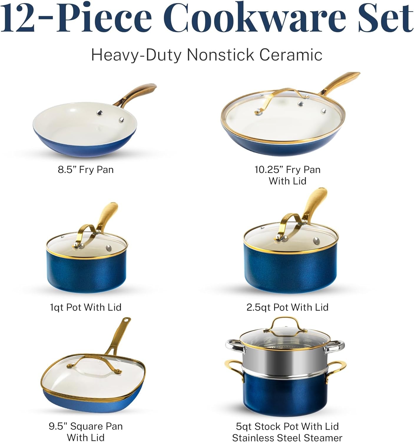 Gotham Steel 12 Pc Ceramic Pots and Pans Set Non Stick, Kitchen Cookware Sets, Pot and Pan Set, Ceramic Cookware Set, Non Toxic Cookware Set, Non Stick Pots and Pan Set, Dishwasher Safe - Cream Navy