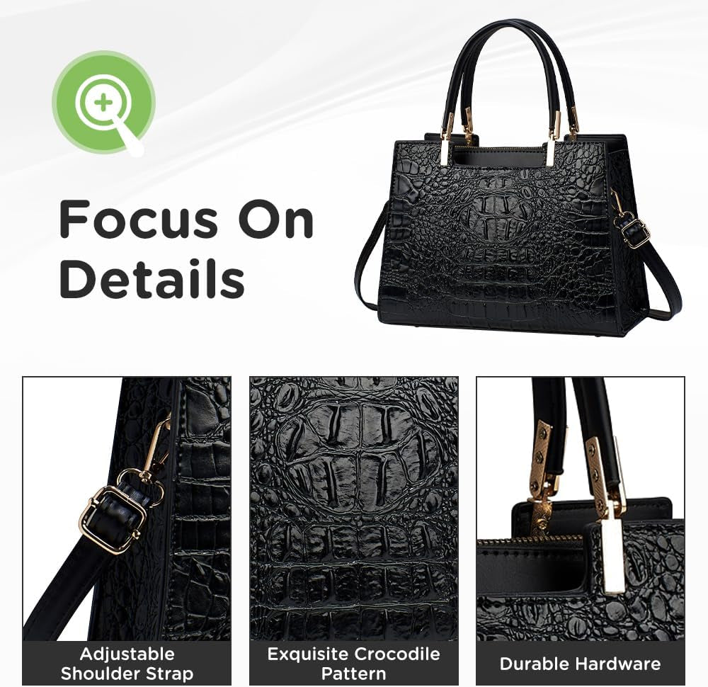 Women'S PU Leather Black Handbag - Crocodile Texture Tote Bag for Women with Top Handles and Adjustable Shoulder Strap, Stylish Satchel for Daily Use and Work