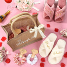 24 Pcs / 8 Sets Bridesmaid Gift Bags Burlap Jute Tote Proposal Bag Including 8 Pairs Bride Bridesmaid Slippers and Scrunchies 1 Lace Ribbon for Bridal Wedding Parties
