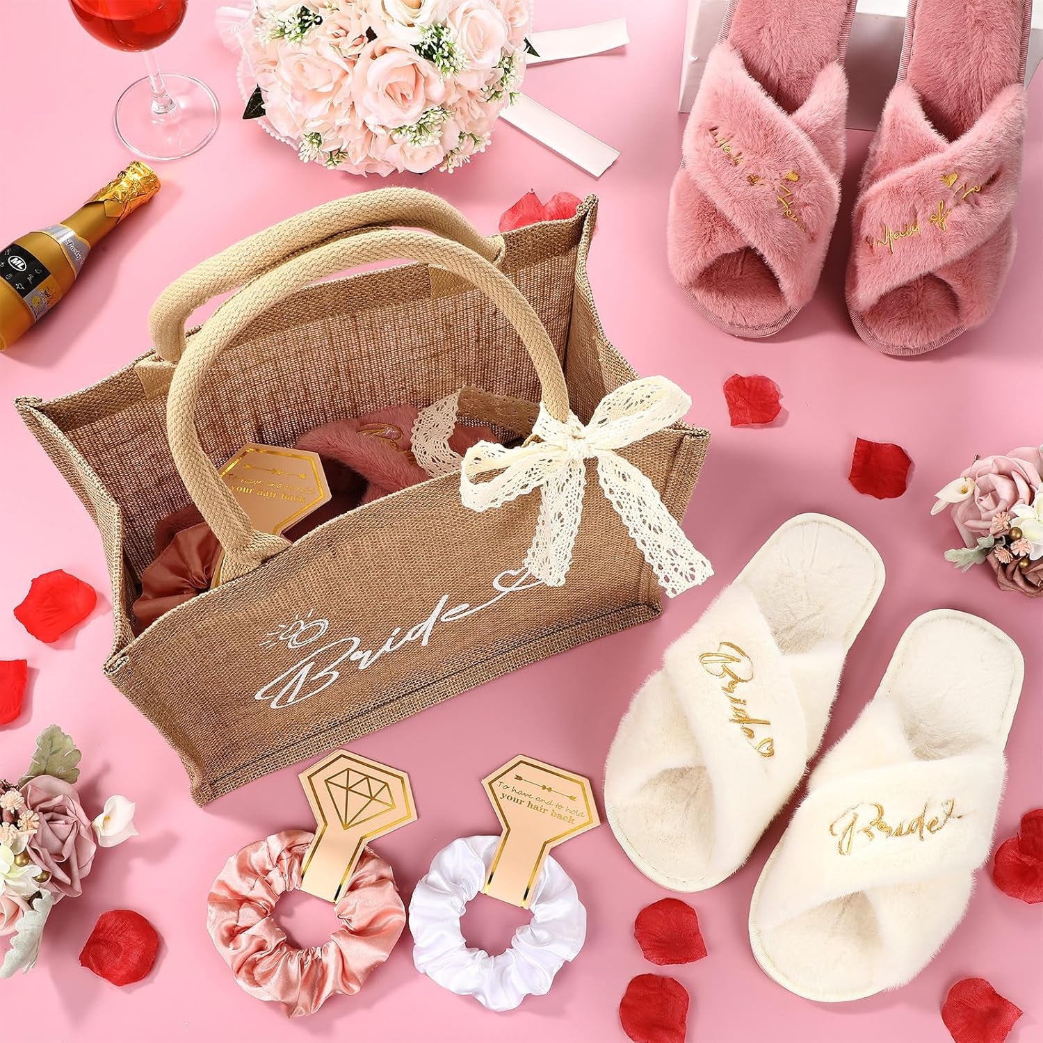 24 Pcs / 8 Sets Bridesmaid Gift Bags Burlap Jute Tote Proposal Bag Including 8 Pairs Bride Bridesmaid Slippers and Scrunchies 1 Lace Ribbon for Bridal Wedding Parties