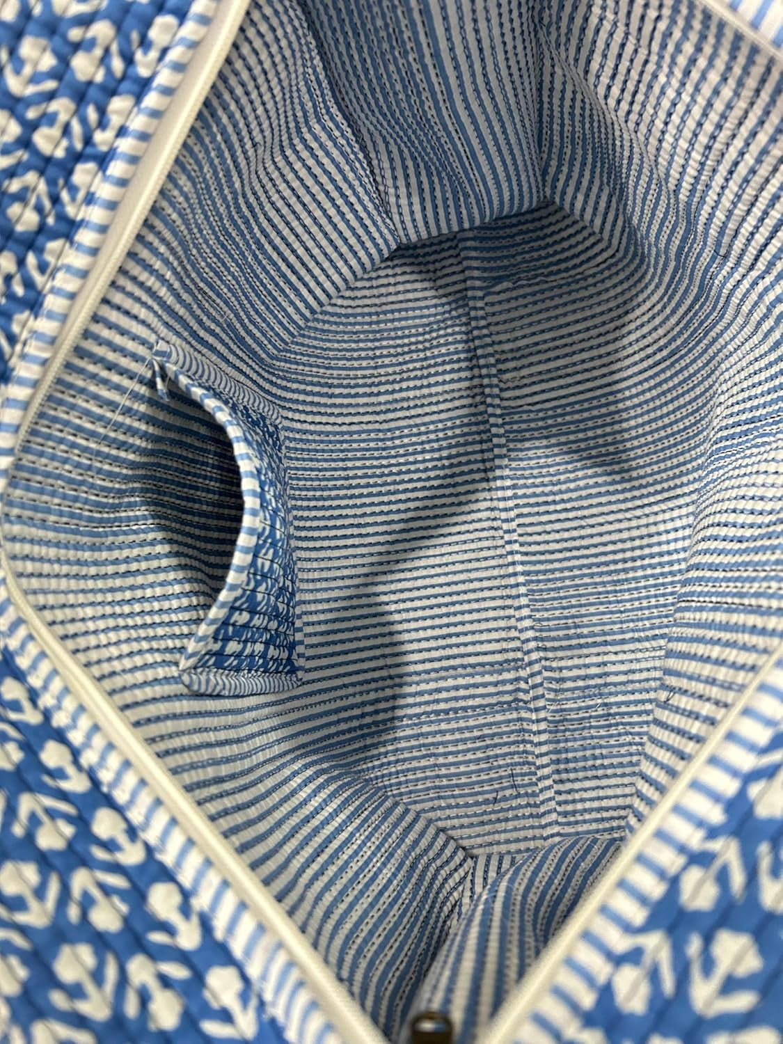 Cotton Quilted Tote Bag, Large Reversible Blue and White Print, Double Handle with Zipper