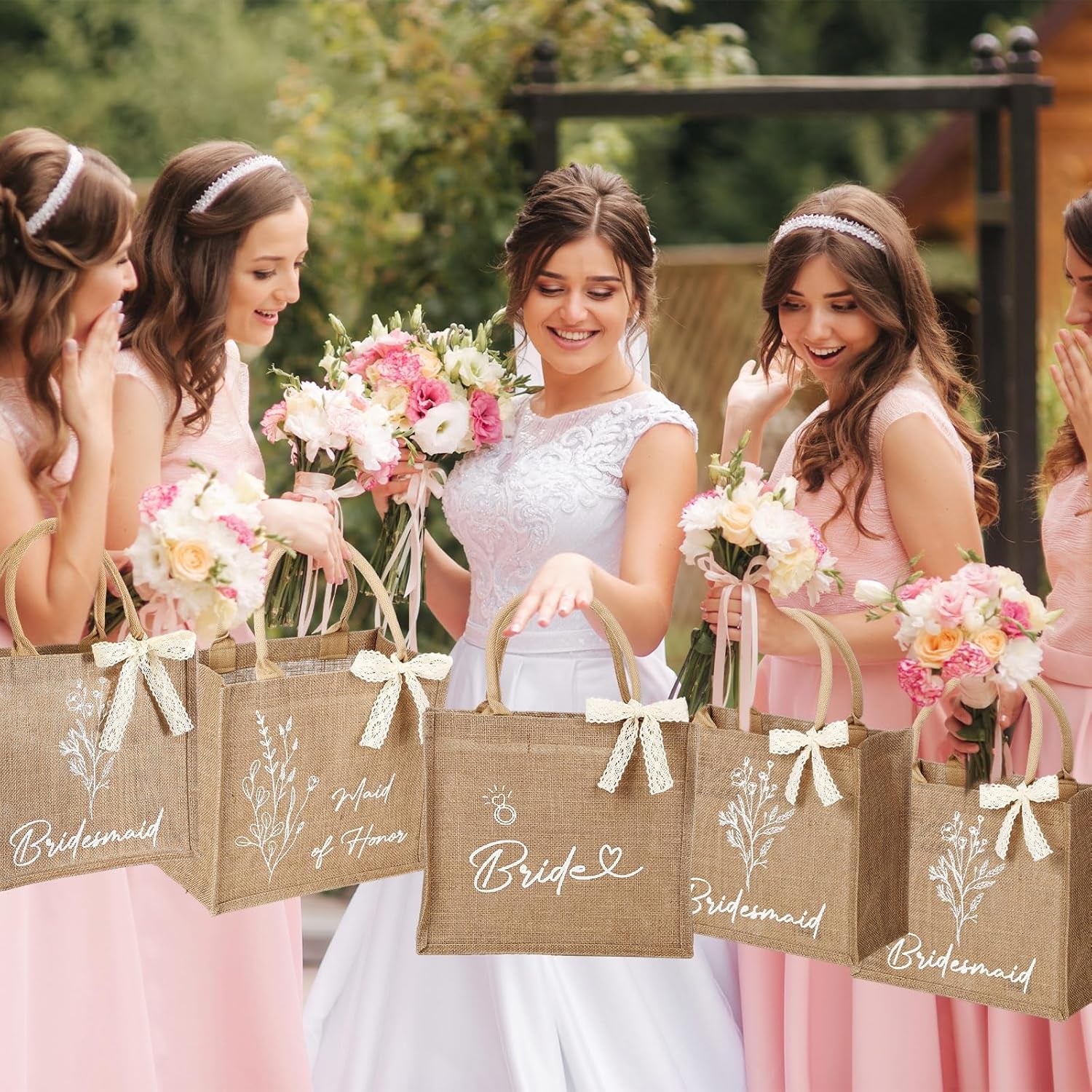24 Pcs / 8 Sets Bridesmaid Gift Bags Burlap Jute Tote Proposal Bag Including 8 Pairs Bride Bridesmaid Slippers and Scrunchies 1 Lace Ribbon for Bridal Wedding Parties